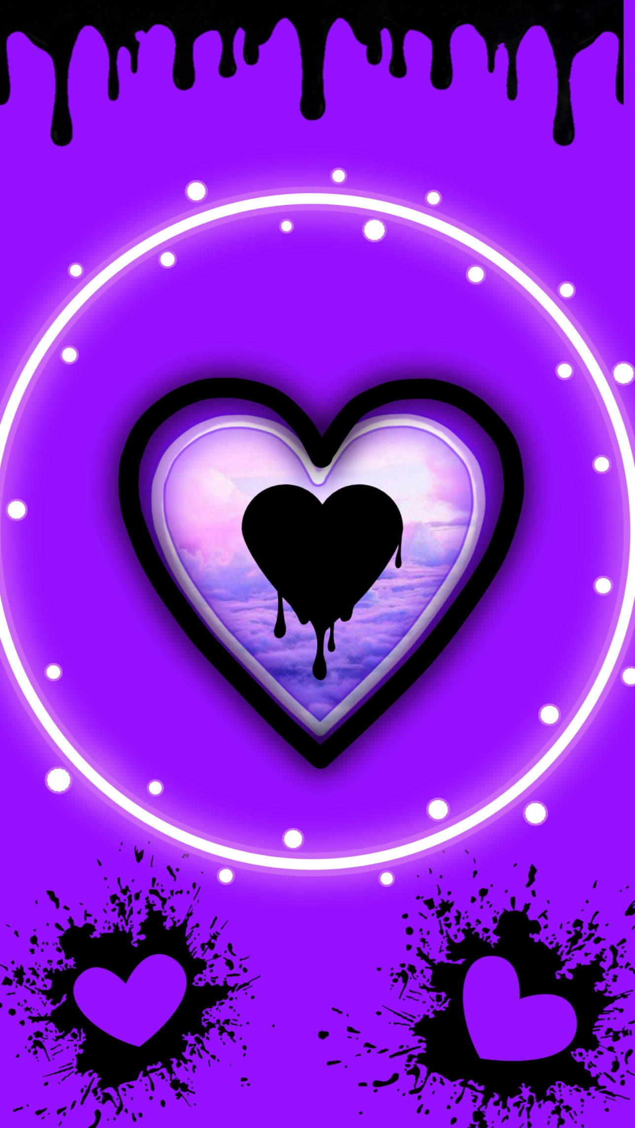 neon purple heart, black drips, white dots, Full HD Phone Wallpaper