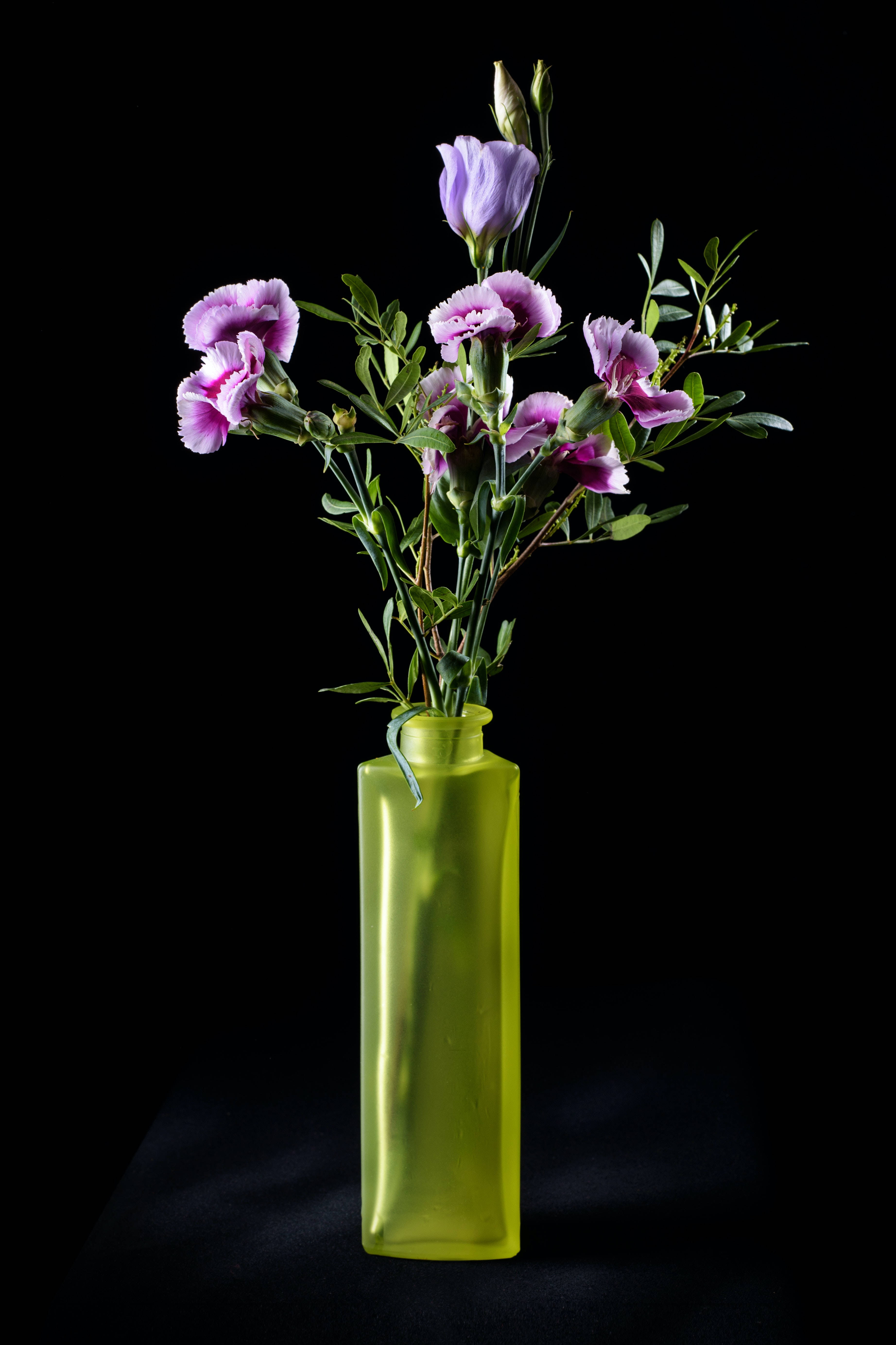 lime-green glass vase, purple and pink flowers, stark black background, 5K Phone Wallpaper