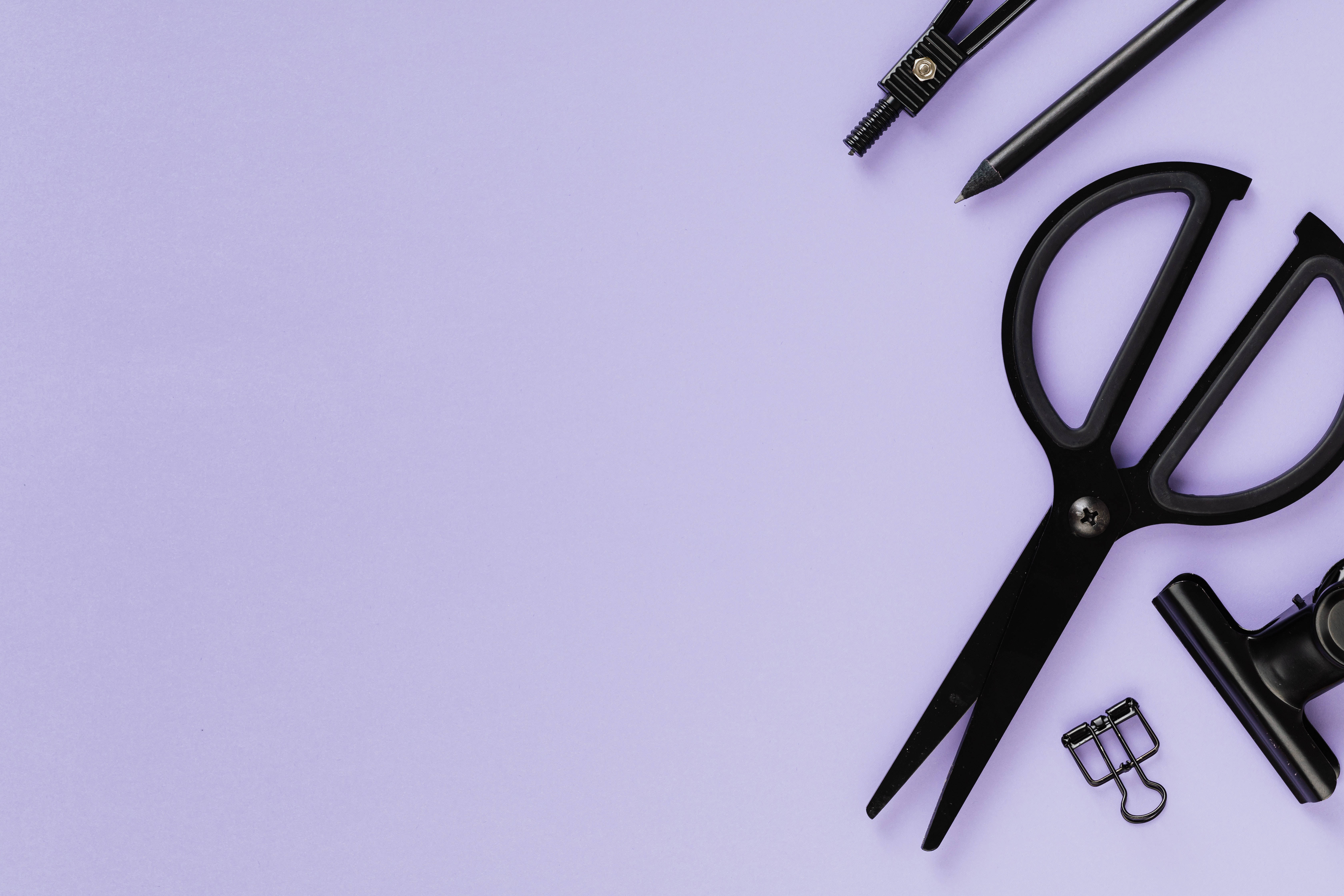 Black And Purple, stationery tools, soft lavender background, 5K Desktop Wallpaper