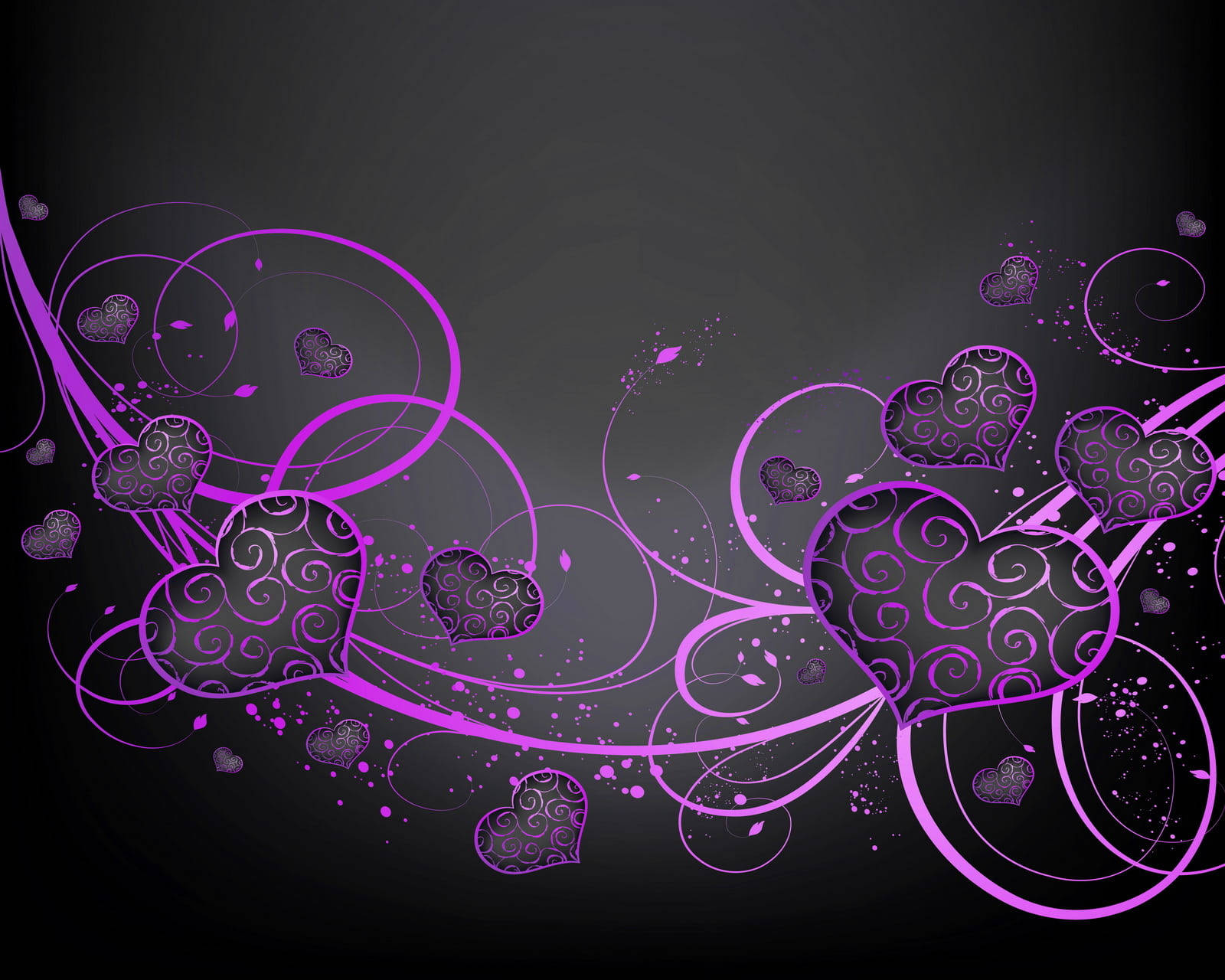 Black And Purple Hearts, vibrant purple hearts, swirling vines, HD Desktop Wallpaper