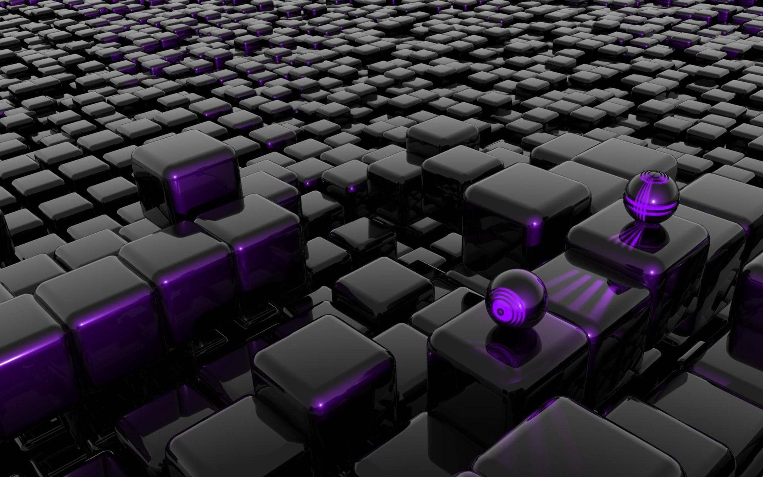 glossy black cubes, glowing purple accents, floating spheres, 2K Desktop Wallpaper