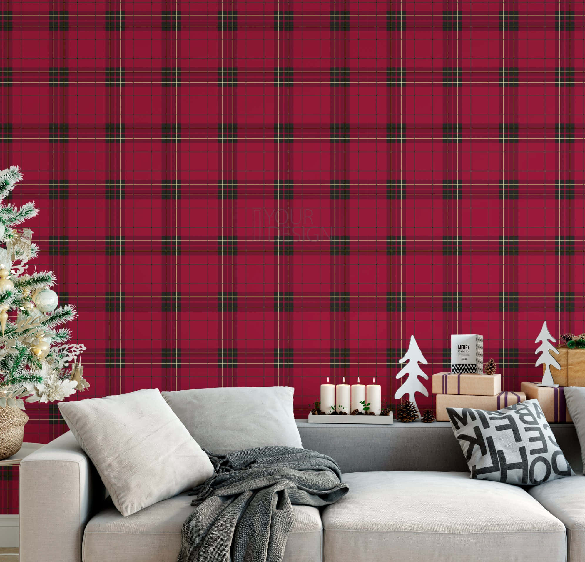 black and red plaid, gray sofa, white pillows, Full HD Desktop Wallpaper