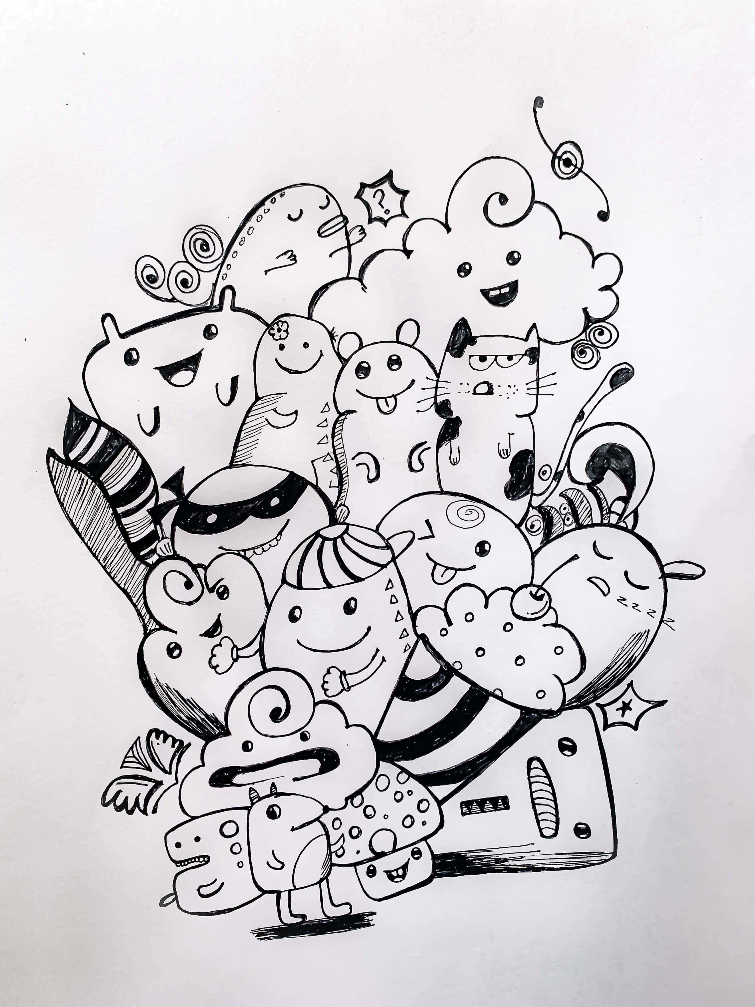 black and white doodle, whimsical cartoon characters, cats, 4K Phone Wallpaper