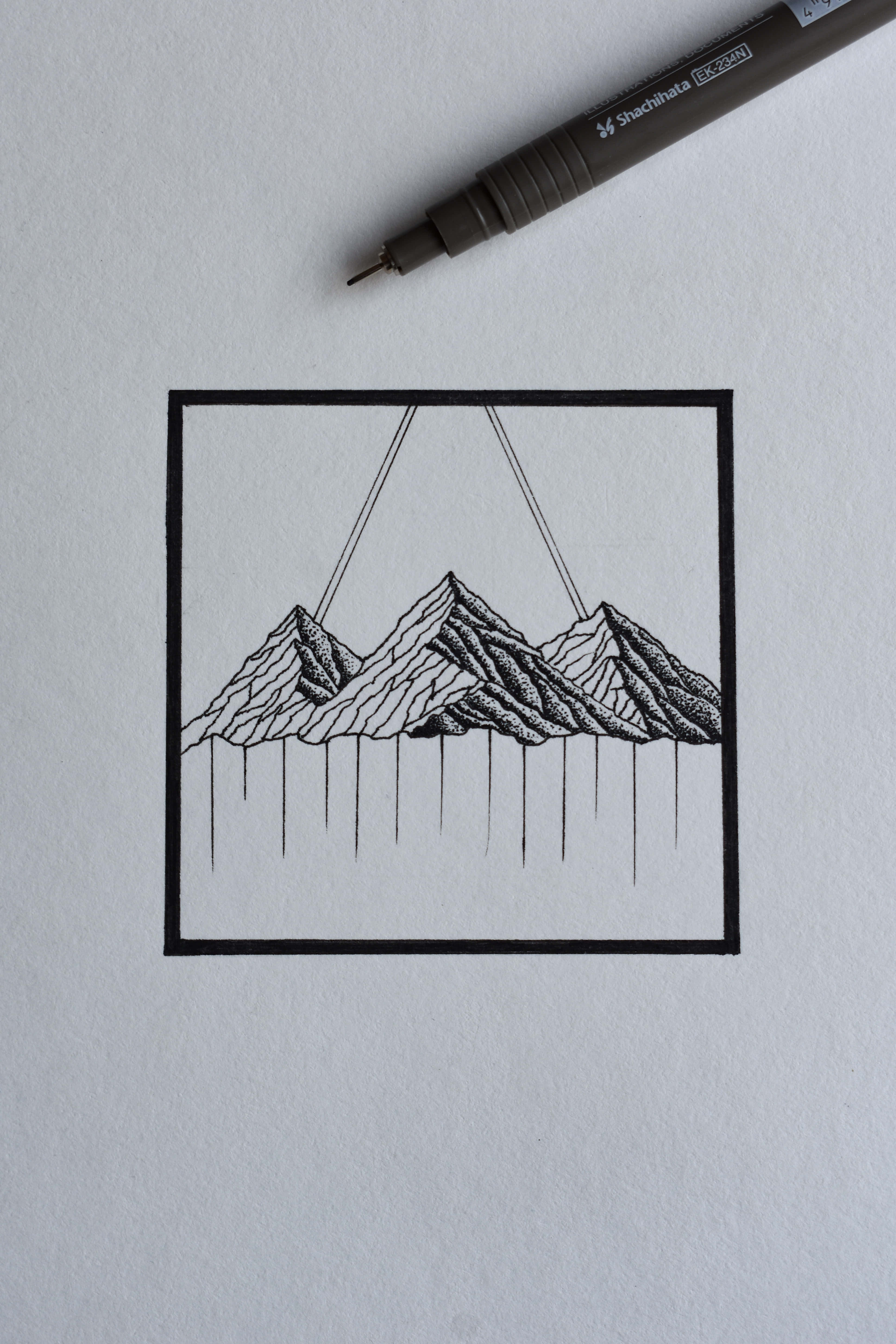 black ink drawing, mountain range, strings, 5K Phone Wallpaper