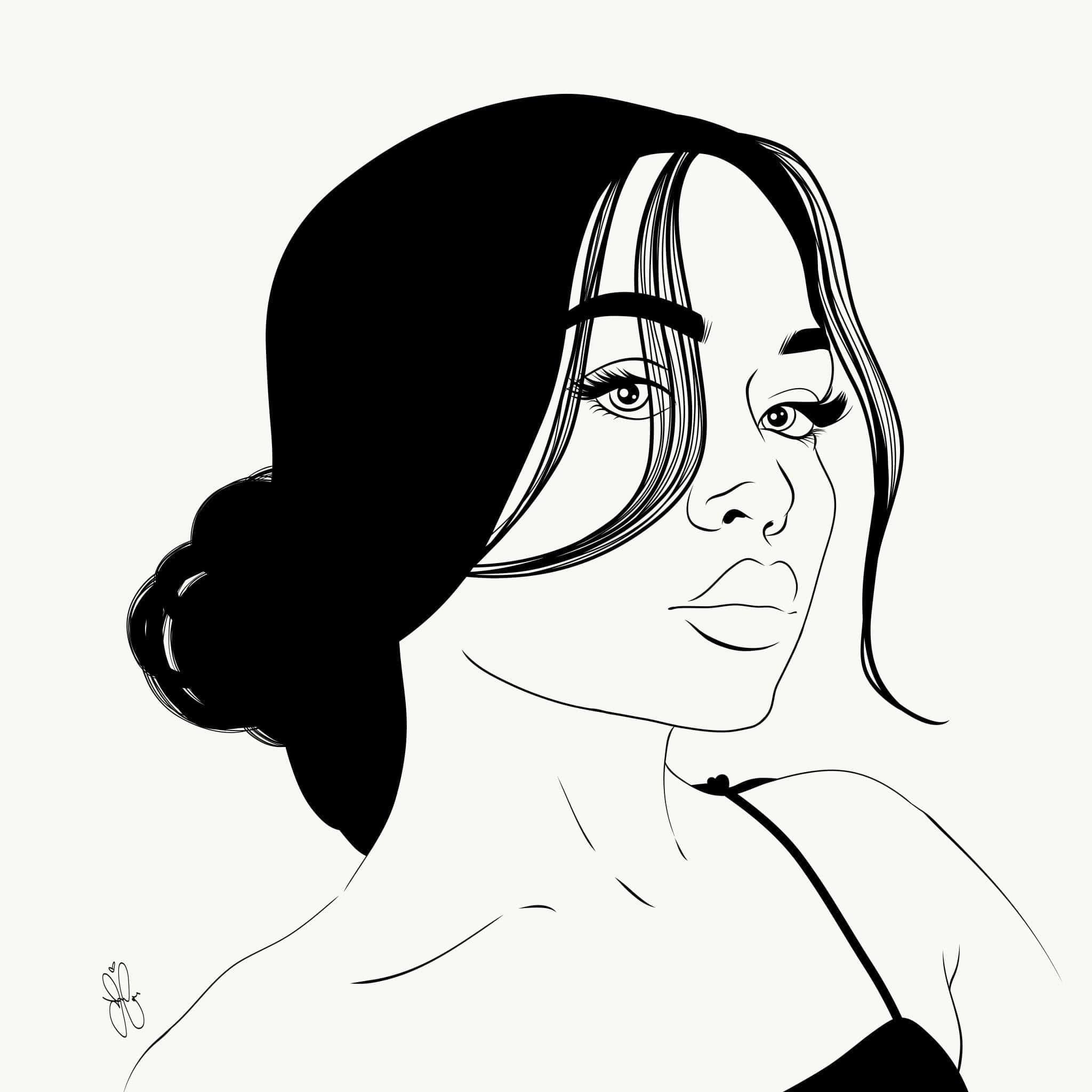 black and white line art, portrait of a woman, half her face in shadow, Full HD Desktop Wallpaper