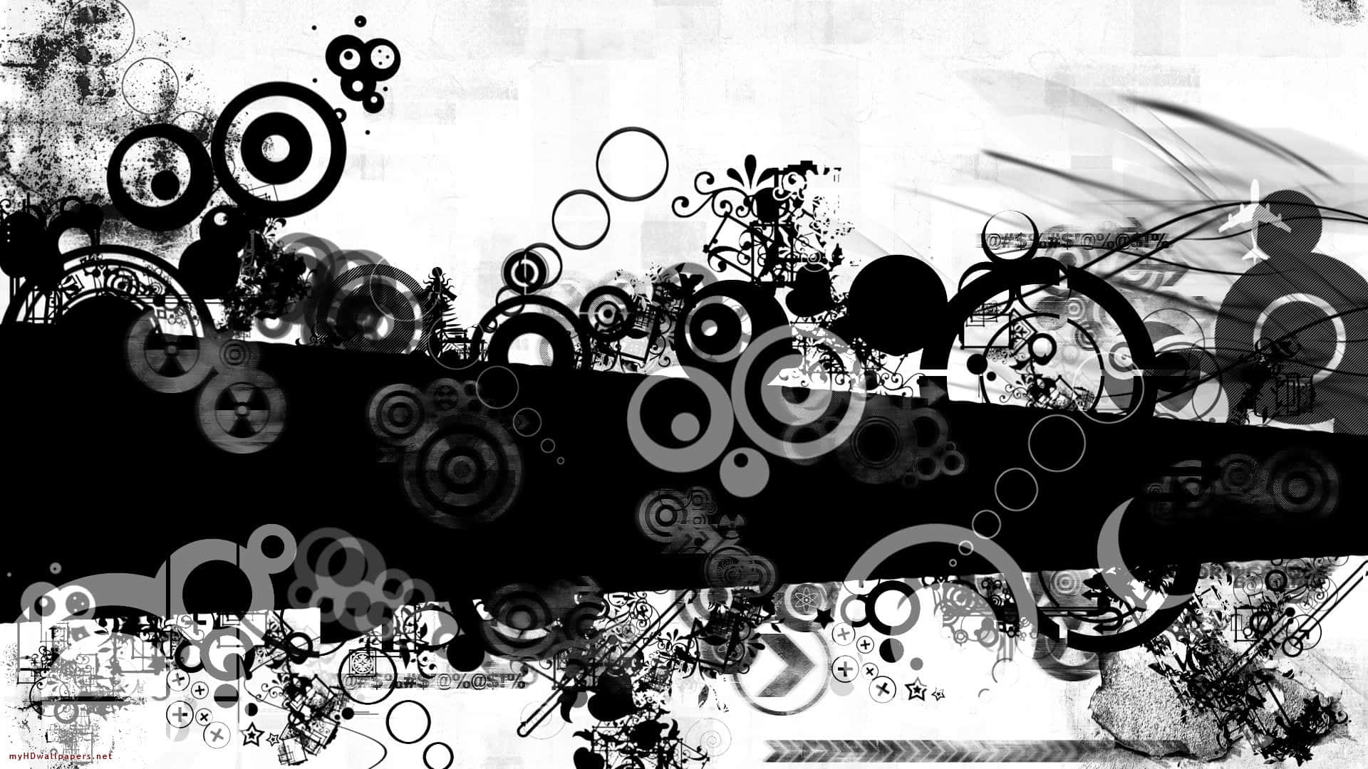 black and white abstract, overlapping circles, swirls, Full HD Desktop Wallpaper