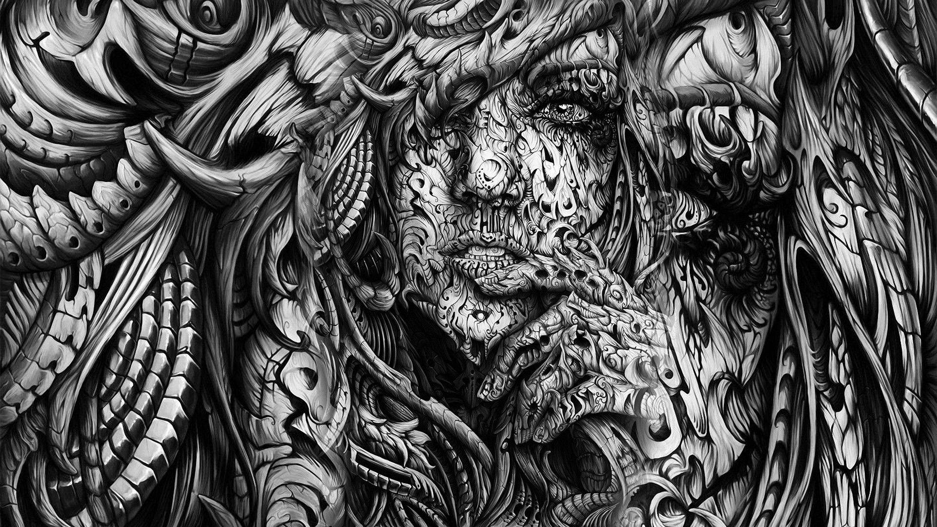 pain black and white, black and white illustration, face, Full HD Desktop Wallpaper