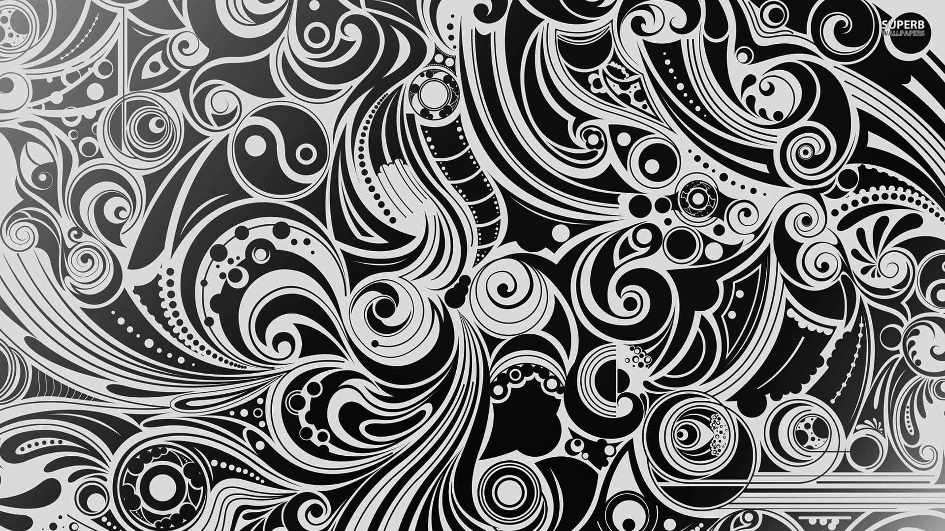 black and white abstract, swirling organic shapes, circular motifs, Full HD Desktop Wallpaper