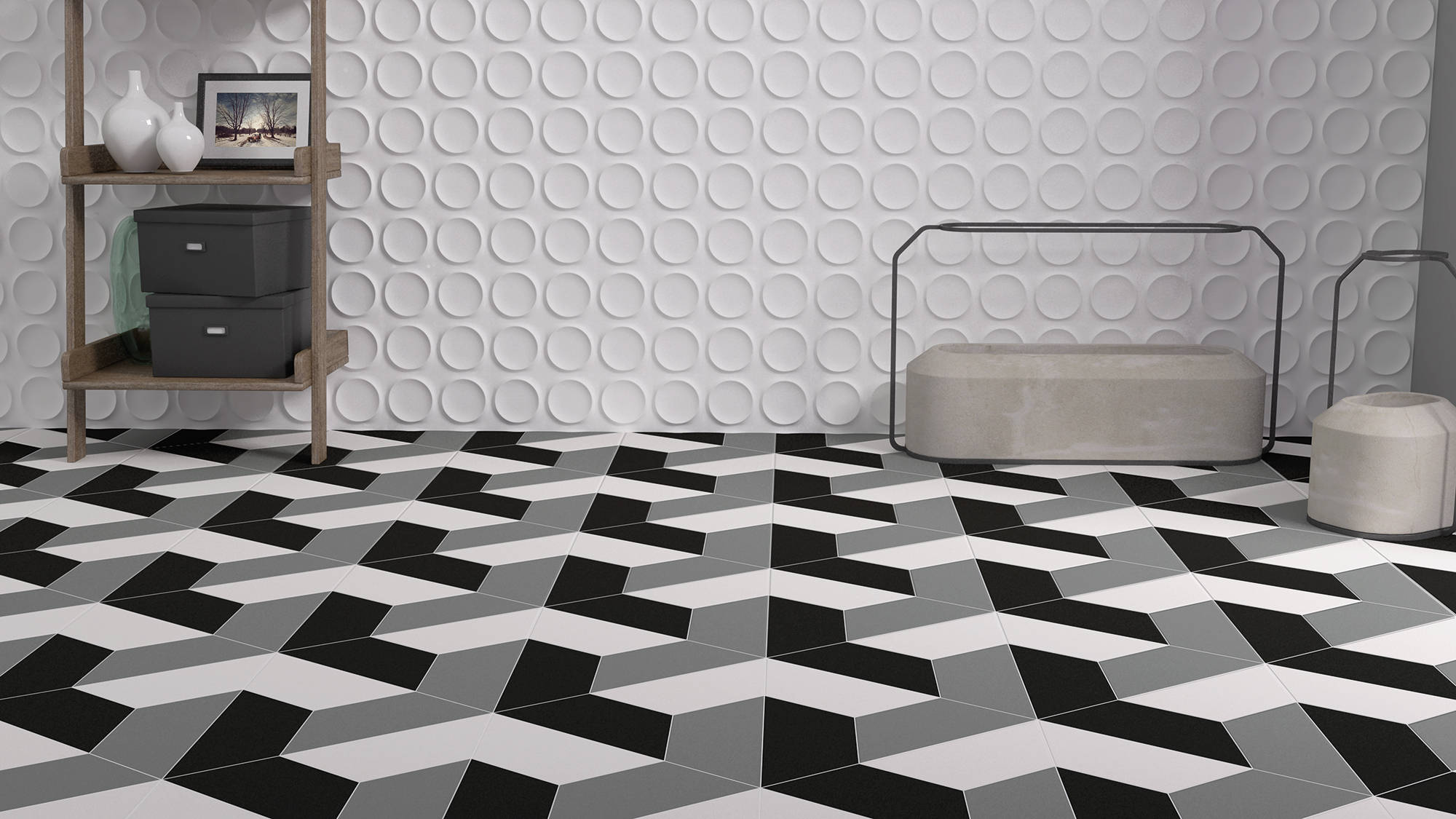 monochrome 3d steps floor tiles, black white and gray, geometric floor tiles, Full HD Desktop Wallpaper