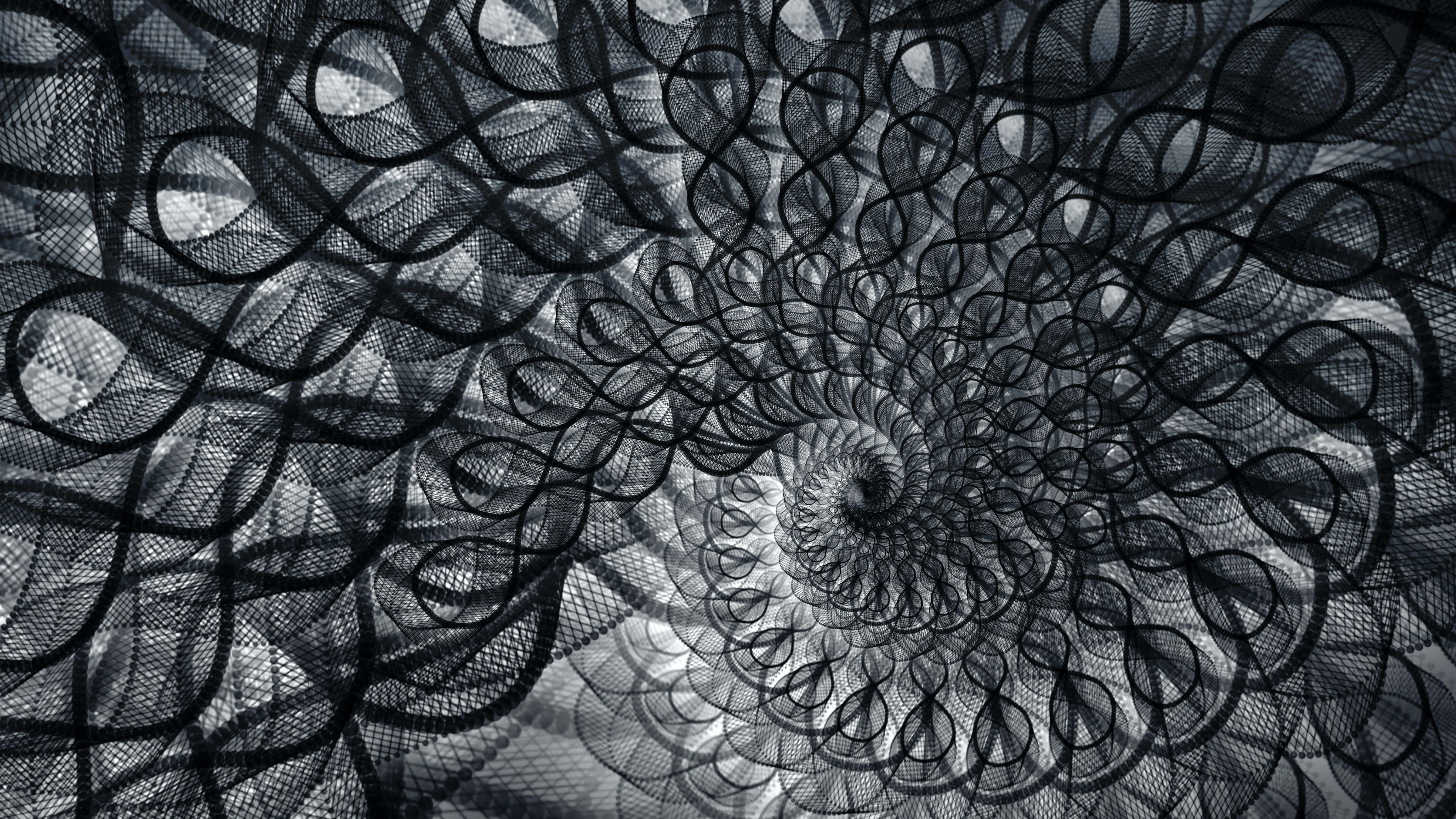 Geometric Black and White Abstract Art, black and white abstract spiral pattern, intricate mesh textures, 4K Desktop Wallpaper