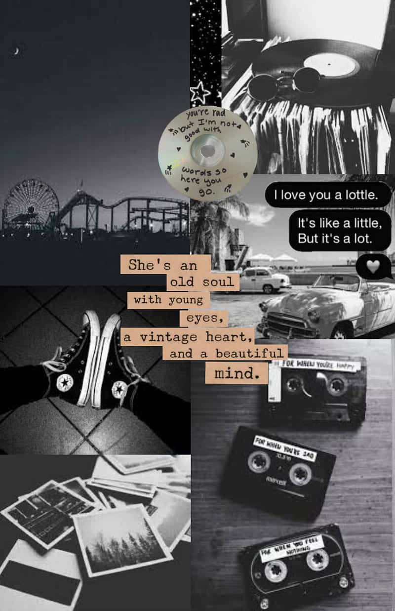 black and white collage, vintage items, cassette tapes, SD Phone Wallpaper