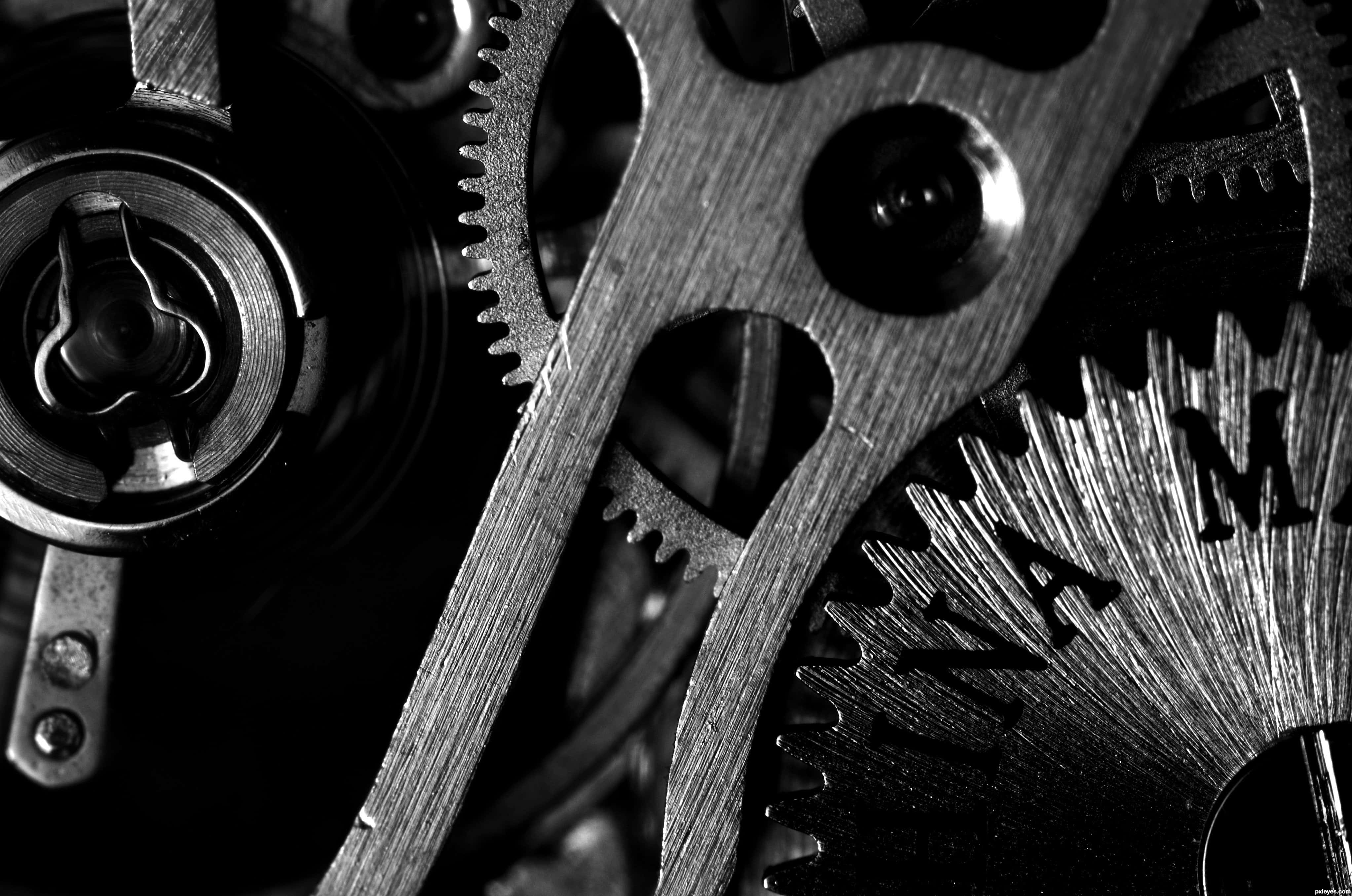 black and white, intricate interlocking gears, mechanical parts, 4K Desktop Wallpaper