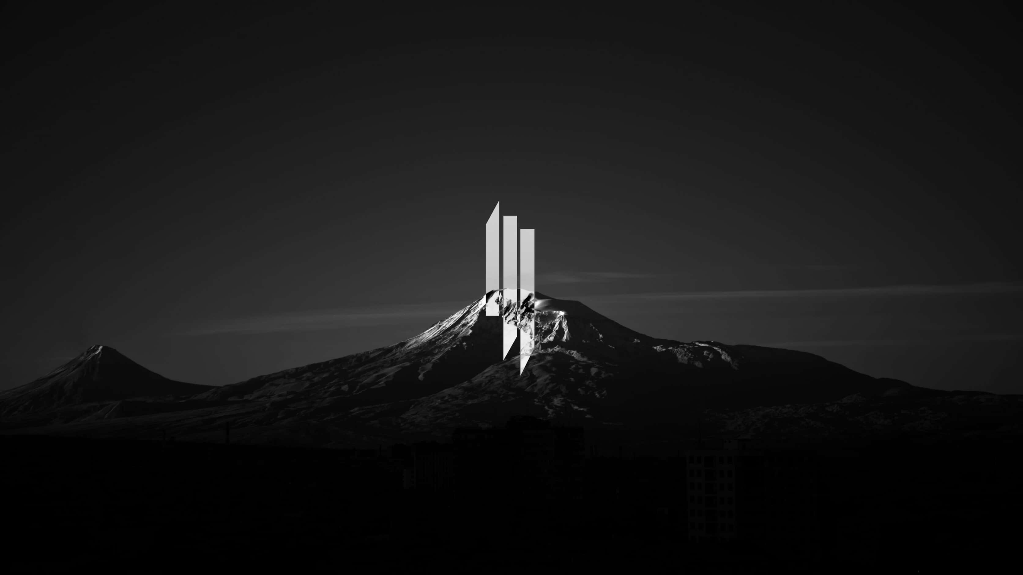 black and white mountain silhouette, glowing vertical light bars, dark sky, 2K Desktop Wallpaper