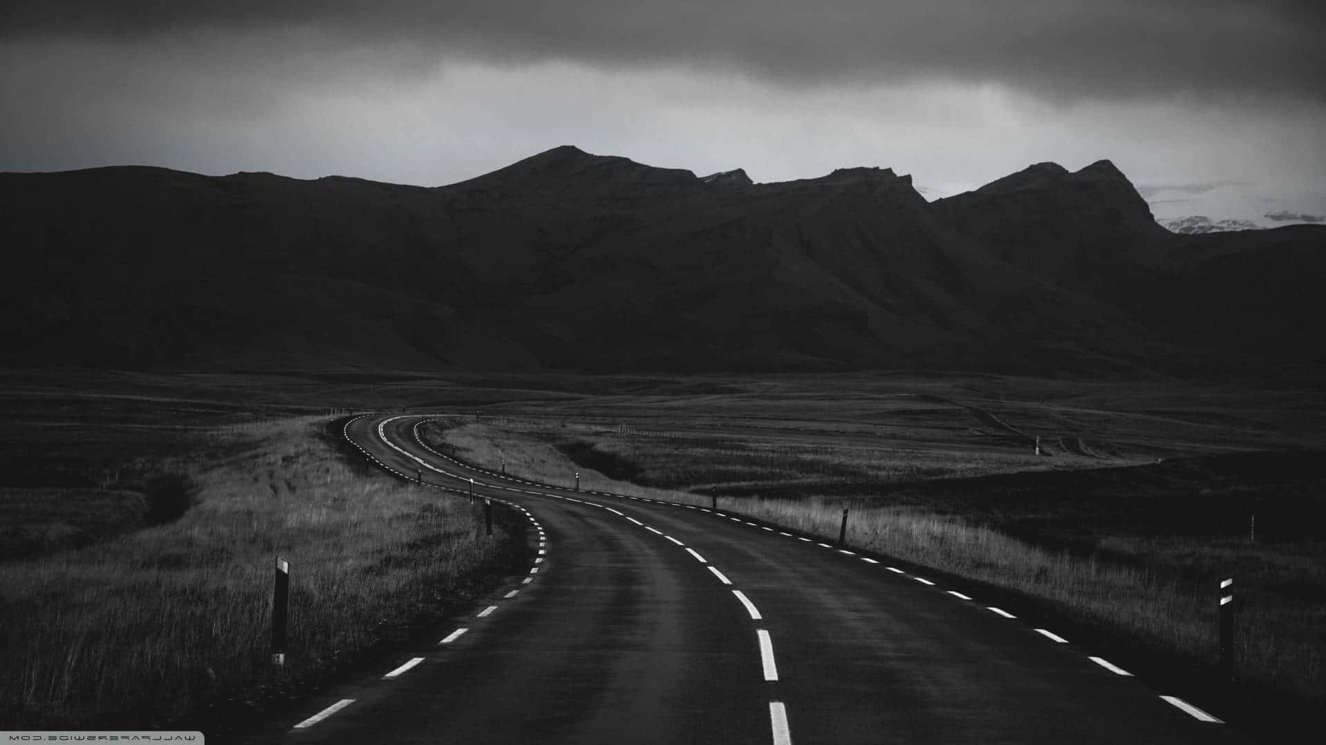 black and white aesthetic, winding road, monochrome landscape, Full HD Desktop Wallpaper