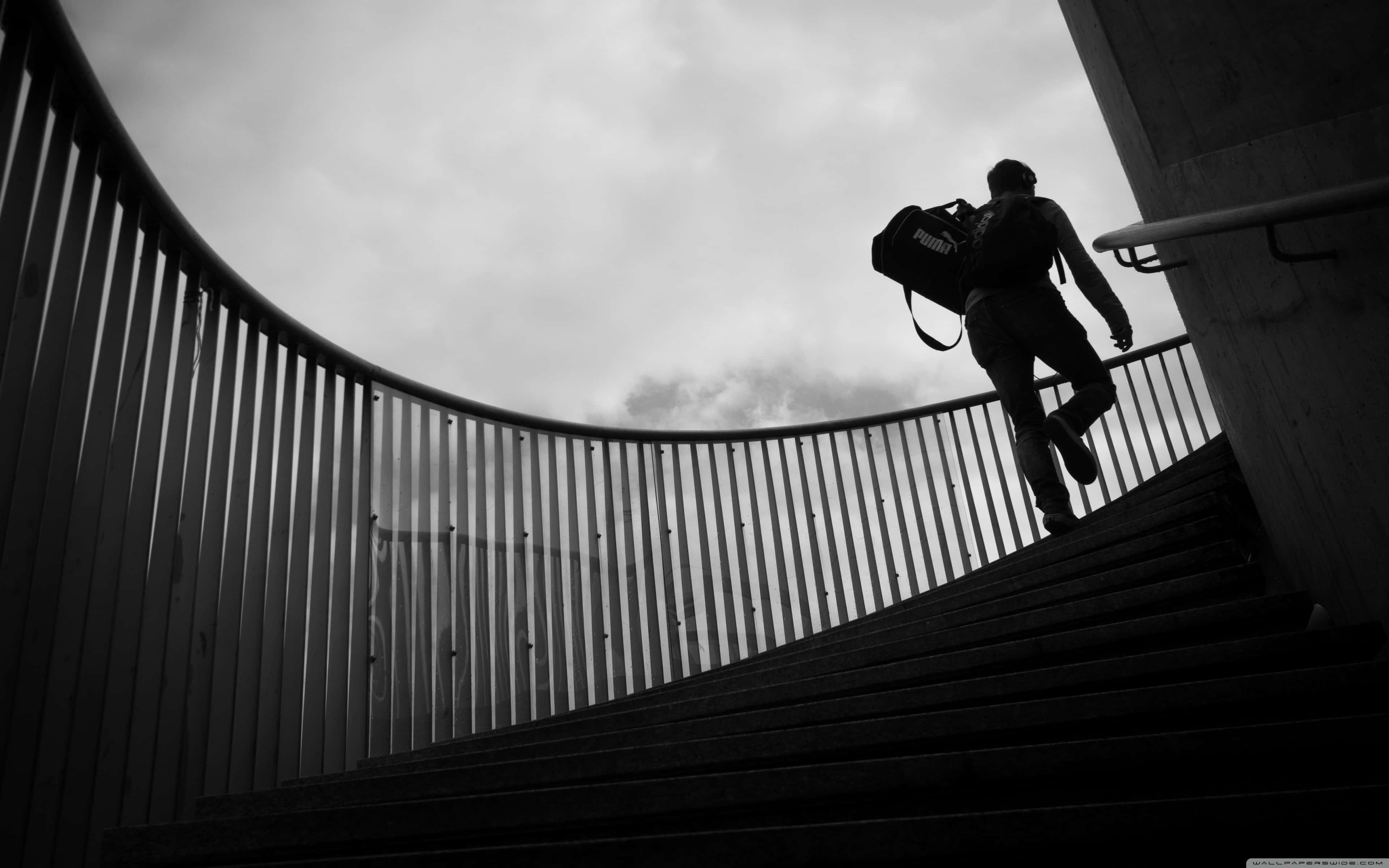 Black And White Steps Climber, curved staircase, lone figure, 4K Desktop Wallpaper