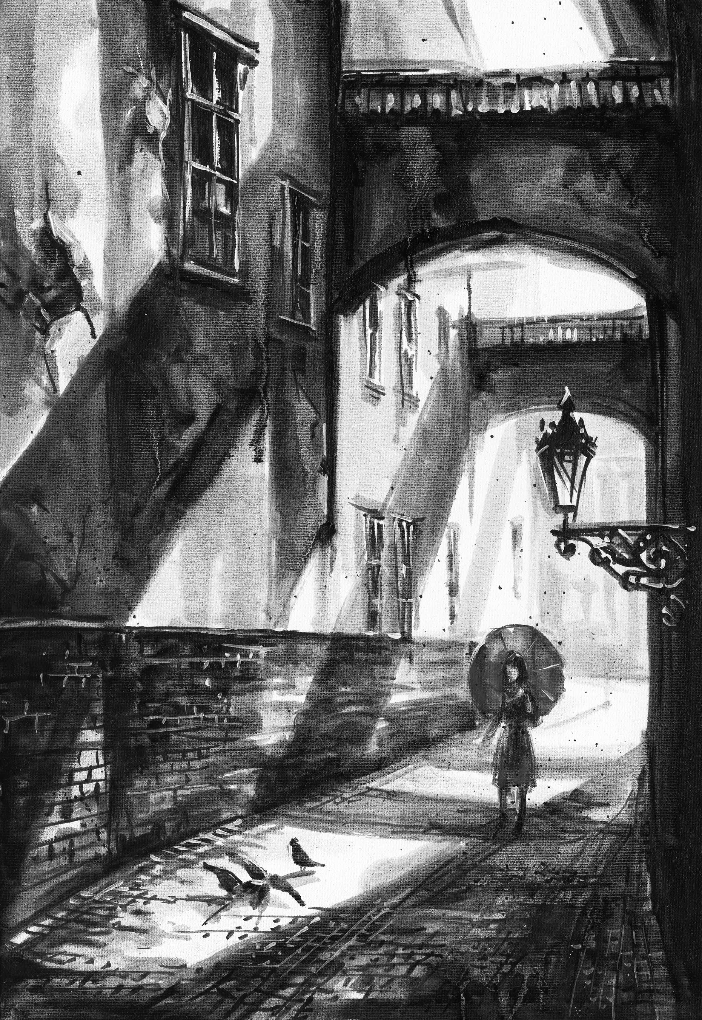 Black & White Drawings, sunlit stone archway, monochrome urban alleyway, 2K Phone Wallpaper