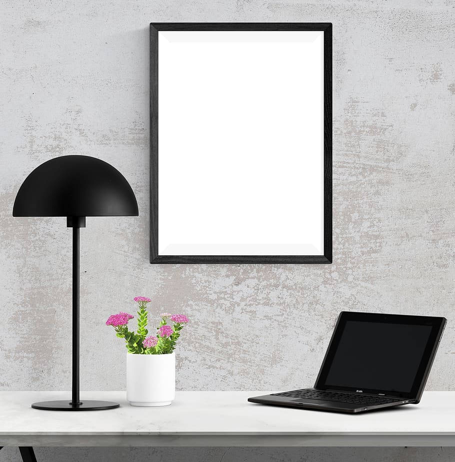 Black And White Mockup Interior Design, minimalist modern desk setup, black lamp, SD Phone Wallpaper
