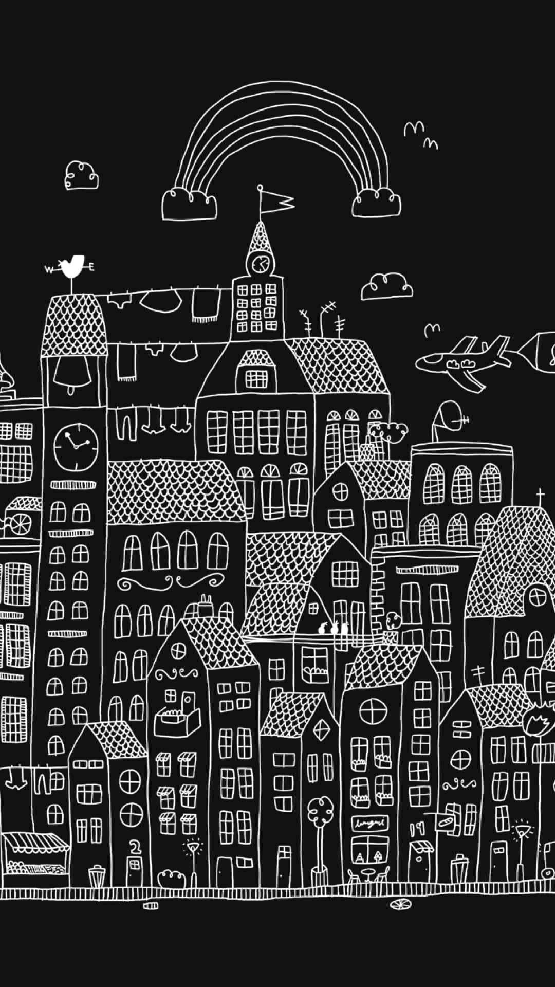 black and white aesthetic phone, white chalk-style cityscape, rainbow airplane, Full HD Phone Wallpaper