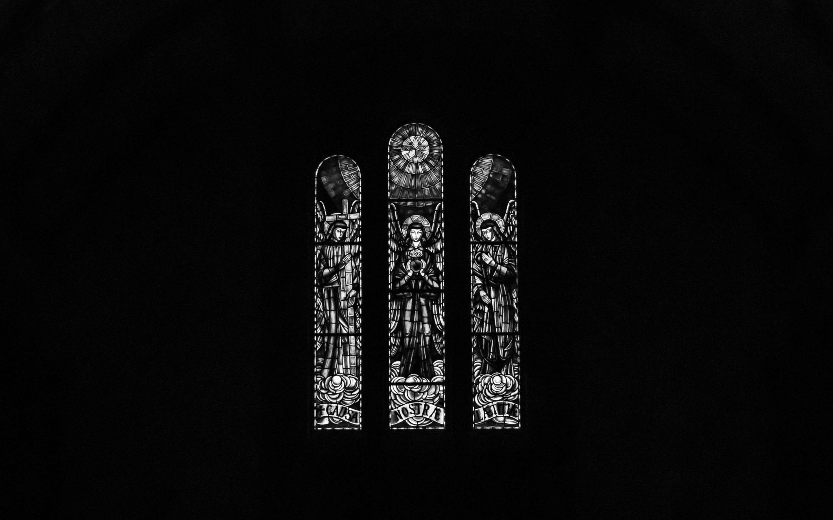 minimalistic catholic stained glass art, stained glass windows, religious figures, 2K Desktop Wallpaper