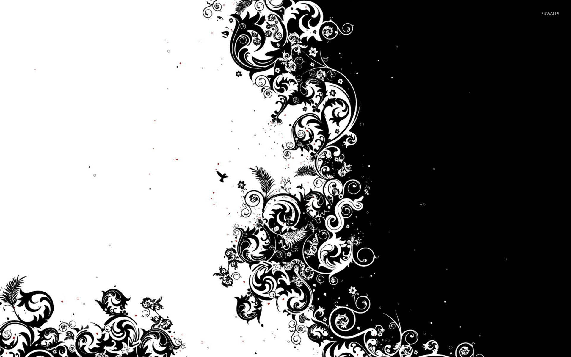 black and white ornamental swirls, stark contrast background, flower leaves ferns, Full HD Desktop Wallpaper