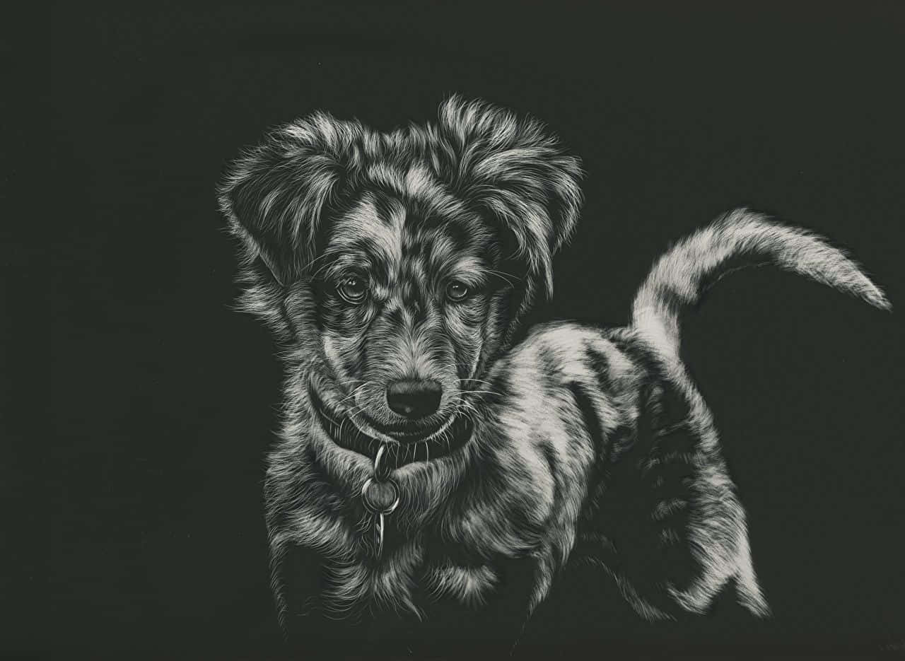 fluffy puppy, collar and tag, dark background, HD Desktop Wallpaper