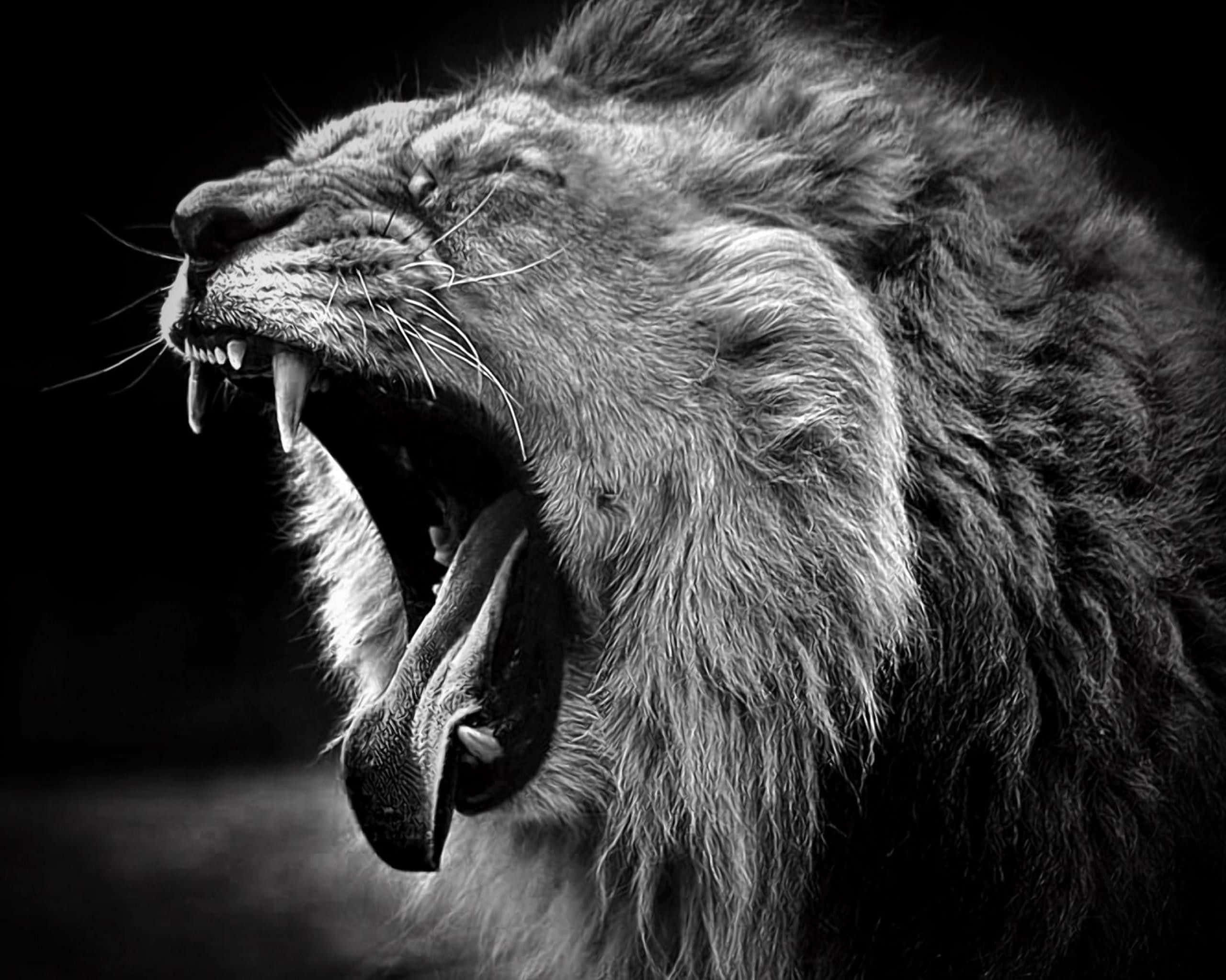 black and white portrait, majestic lion, roaring lion, 2K Desktop Wallpaper