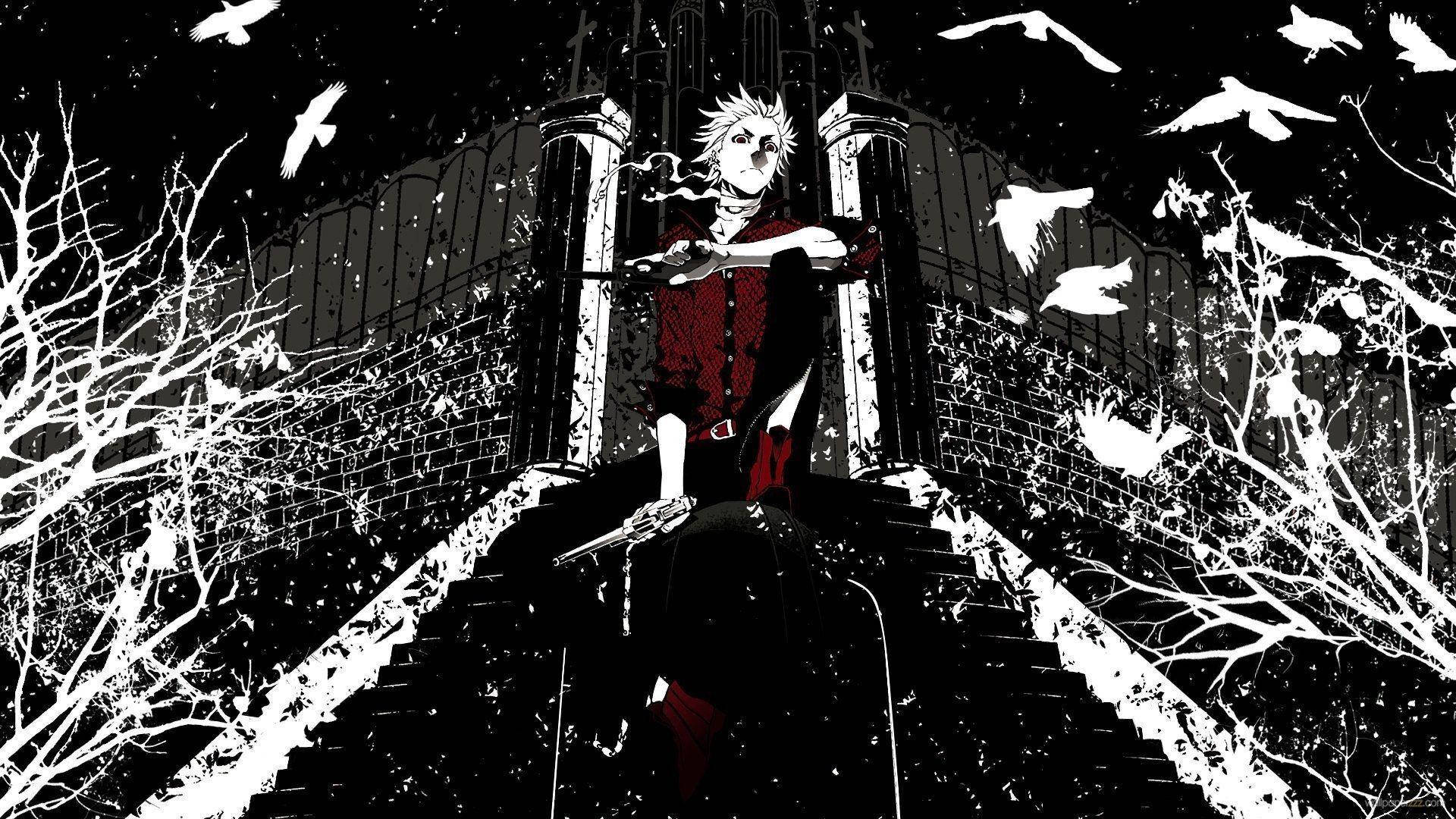 spiky-haired anime character, red coat, stairs, Full HD Desktop Wallpaper