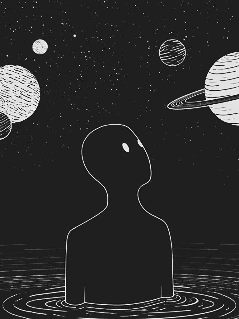 Black And White Anime Aesthetic, starry sky, stylized planets, SD Phone Wallpaper