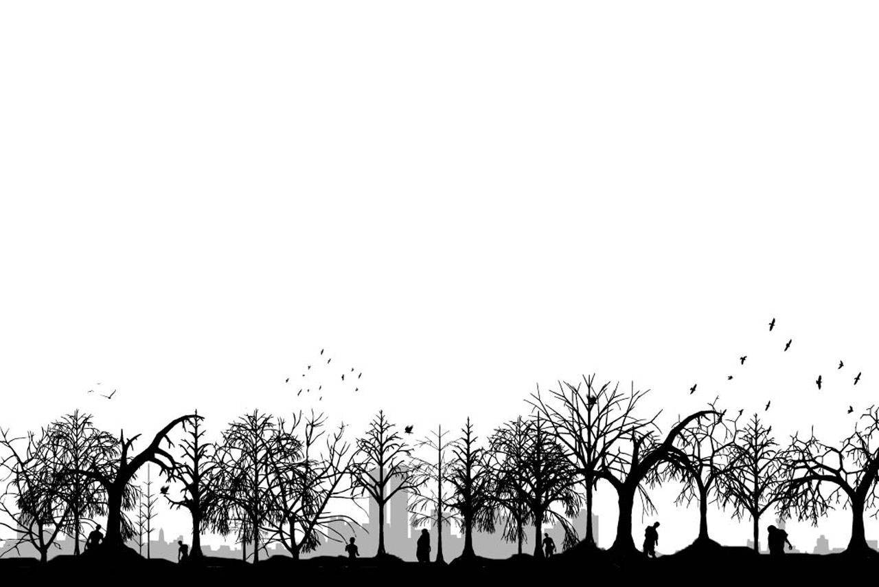 Black And White Anime Aesthetic, silhouetted bare trees, people, HD Desktop Wallpaper