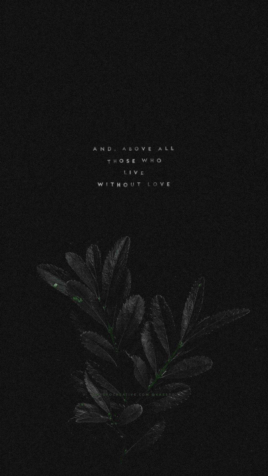 Black and White Anime Aesthetic, faint green leaves, white text, Full HD Phone Wallpaper