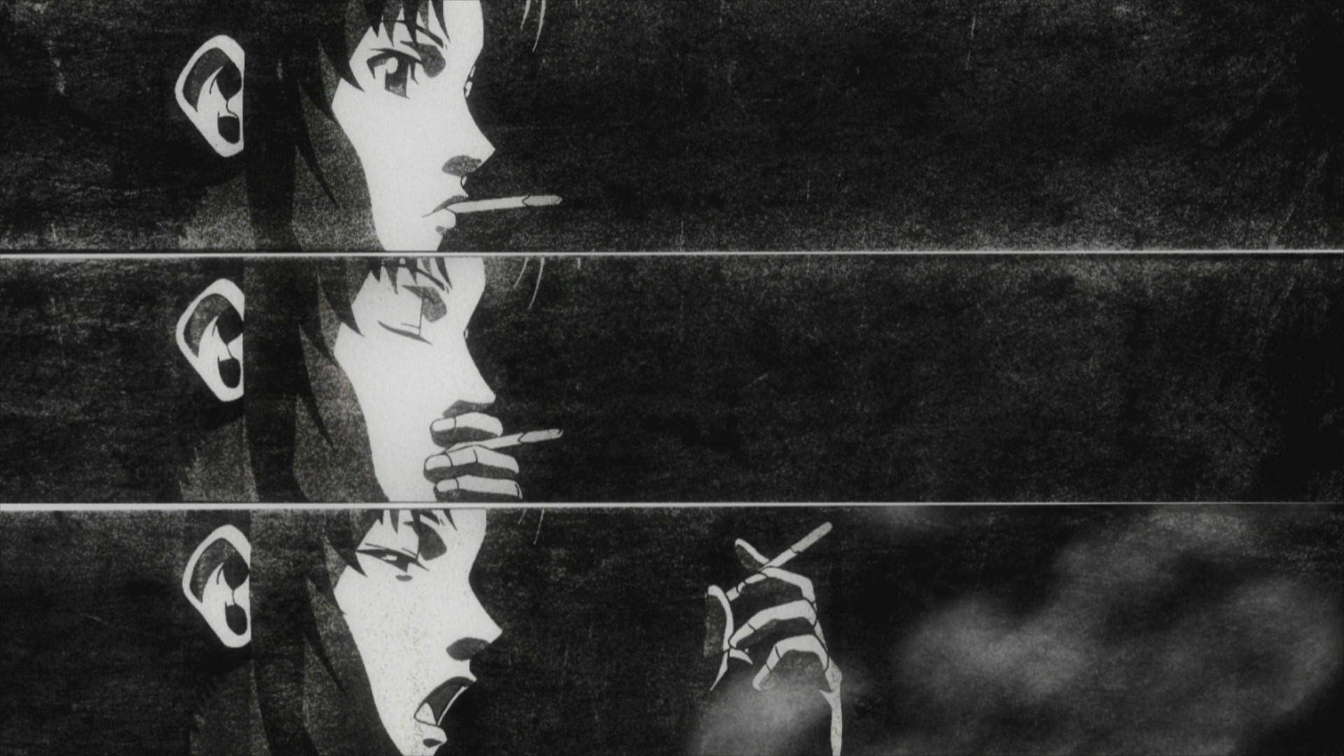 black and white anime portrait, person smoking, three horizontal panels, Full HD Desktop Wallpaper