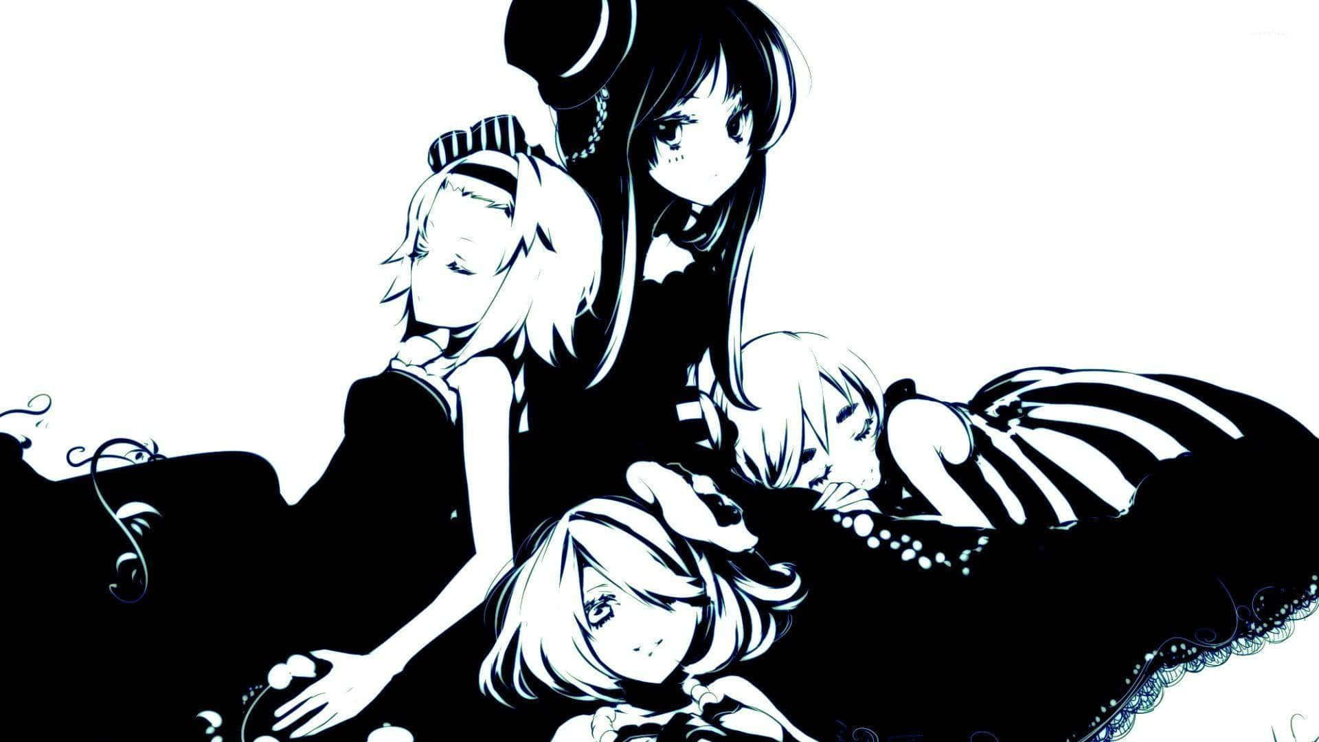 anime girls, black and white, dramatic poses, Full HD Desktop Wallpaper
