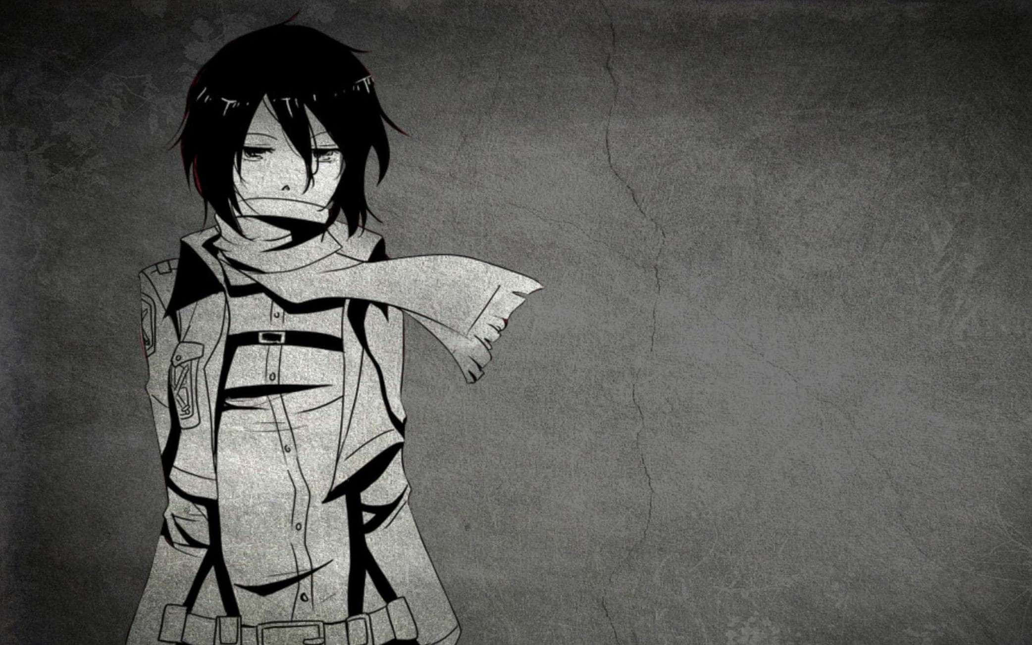 Black And White Anime Character, dark hair, scarf, Full HD Desktop Wallpaper