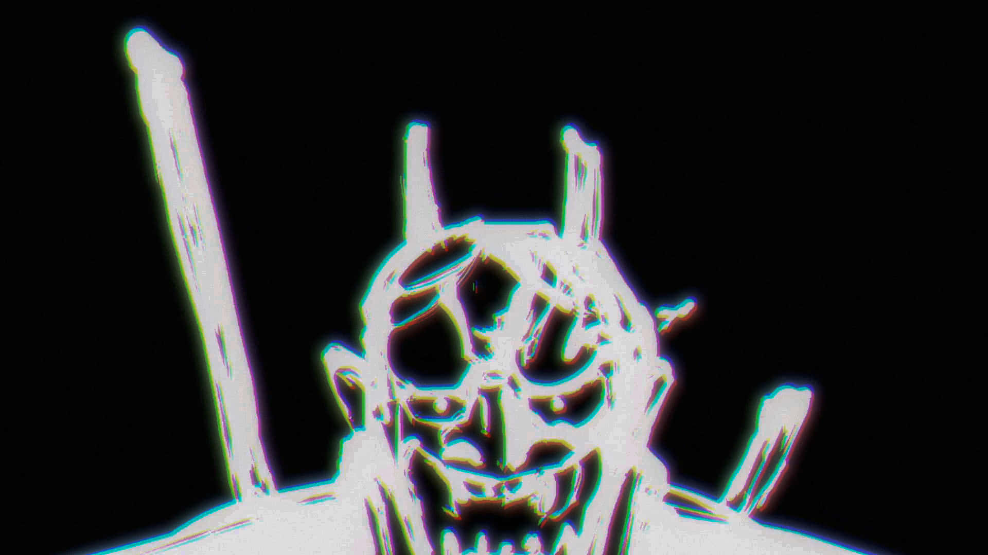 glitchy white demonic face, horns, sharp teeth, Full HD Desktop Wallpaper