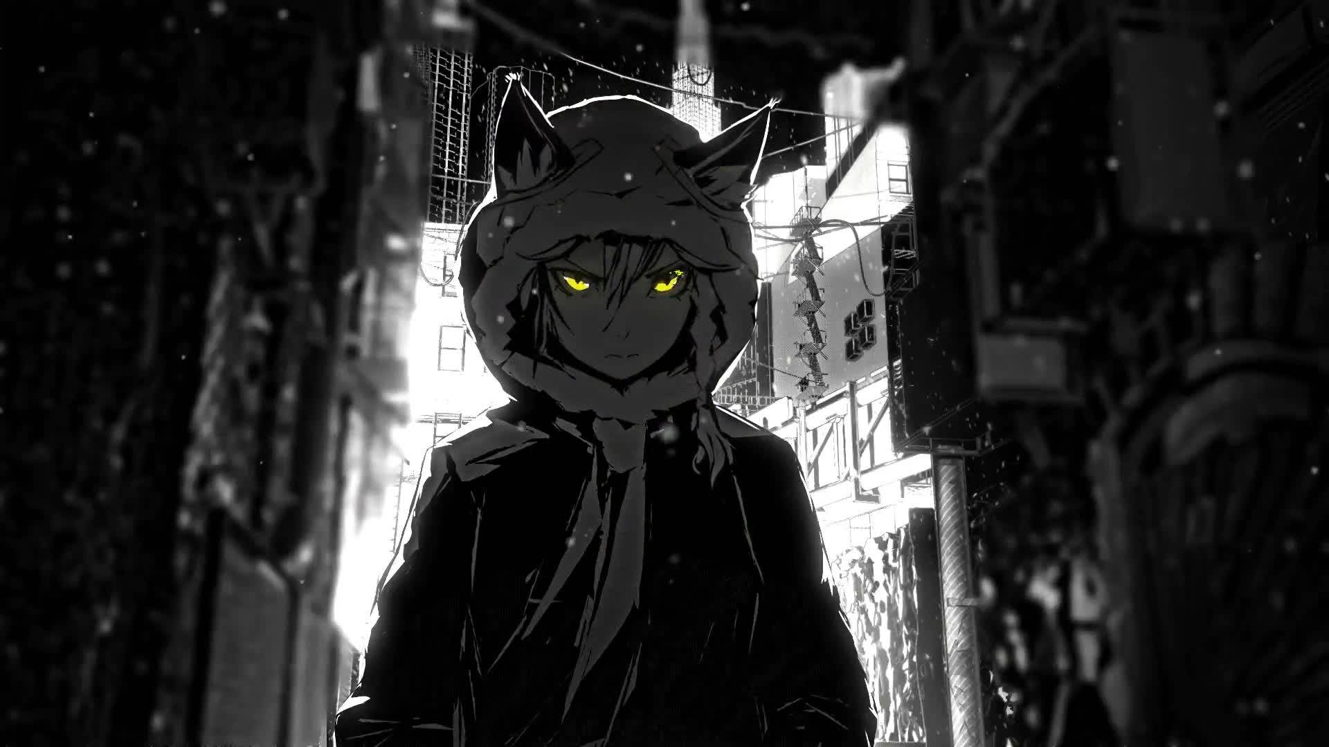 black and white, anime boy, glowing yellow eyes, Full HD Desktop Wallpaper