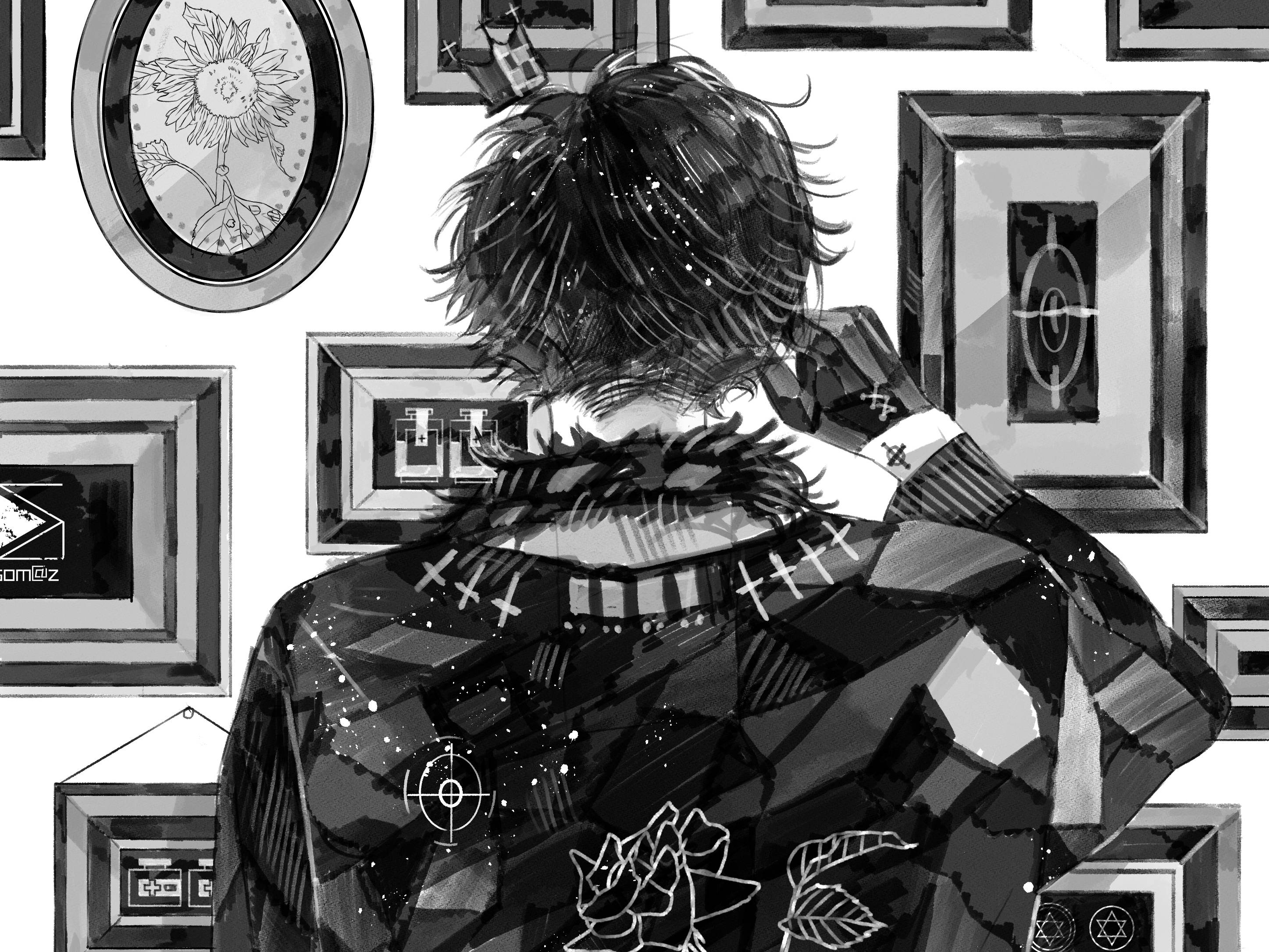 Black And White Anime Boy, spiky hair, back view, 2K Desktop Wallpaper