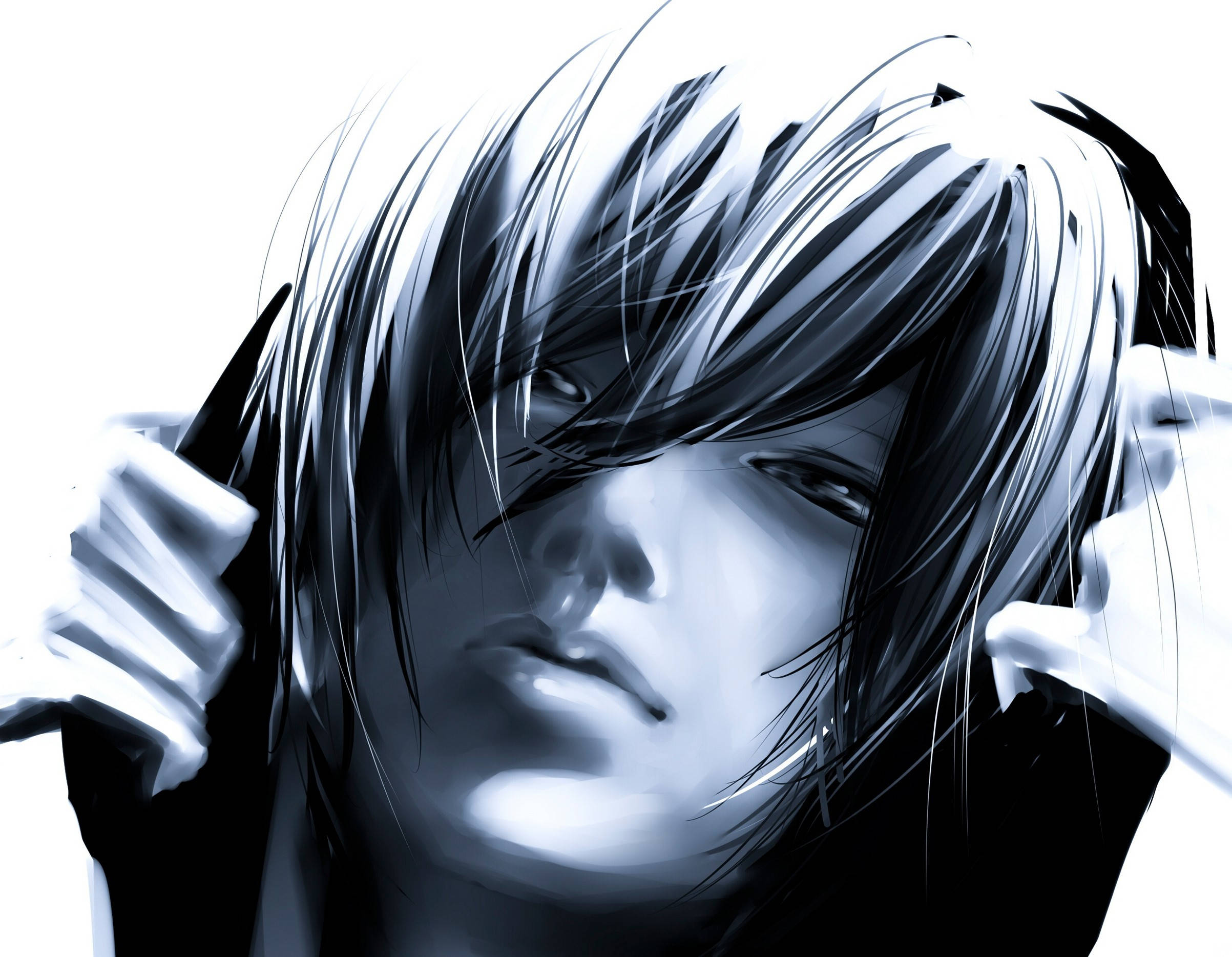 Black And White Anime Boy, young man, tousled hair, Full HD Desktop Wallpaper