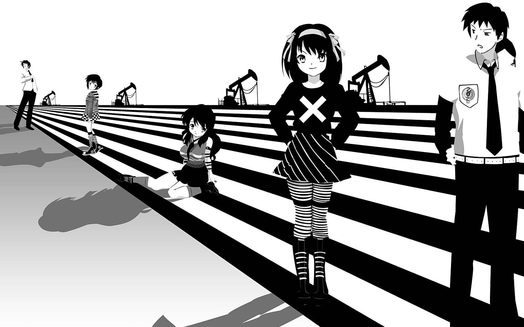 Black And White Anime Boy, pedestrian crossing, striped road, HD Desktop Wallpaper