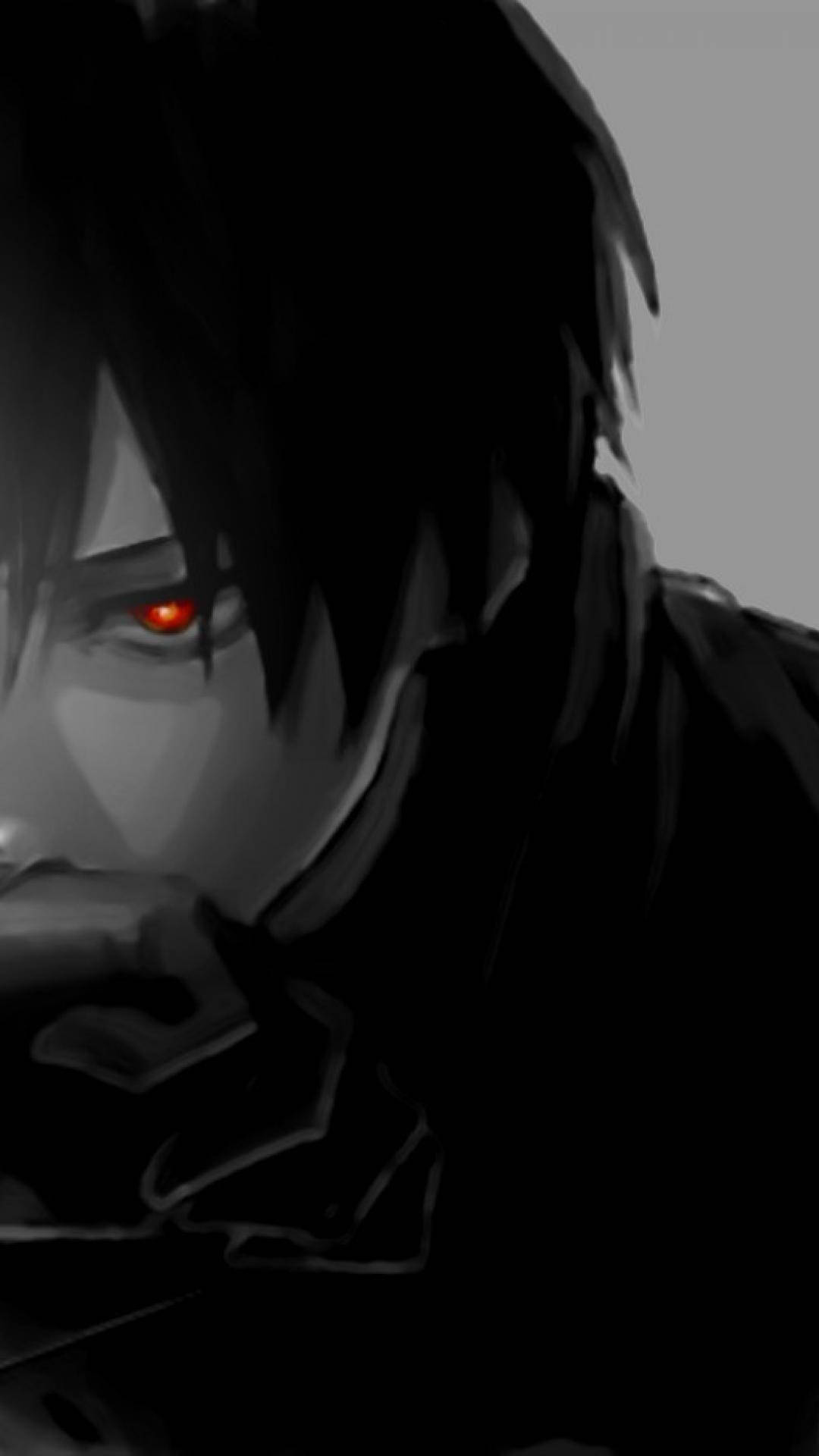 Black And White Anime Boy, red eyes, black hair, Full HD Phone Wallpaper
