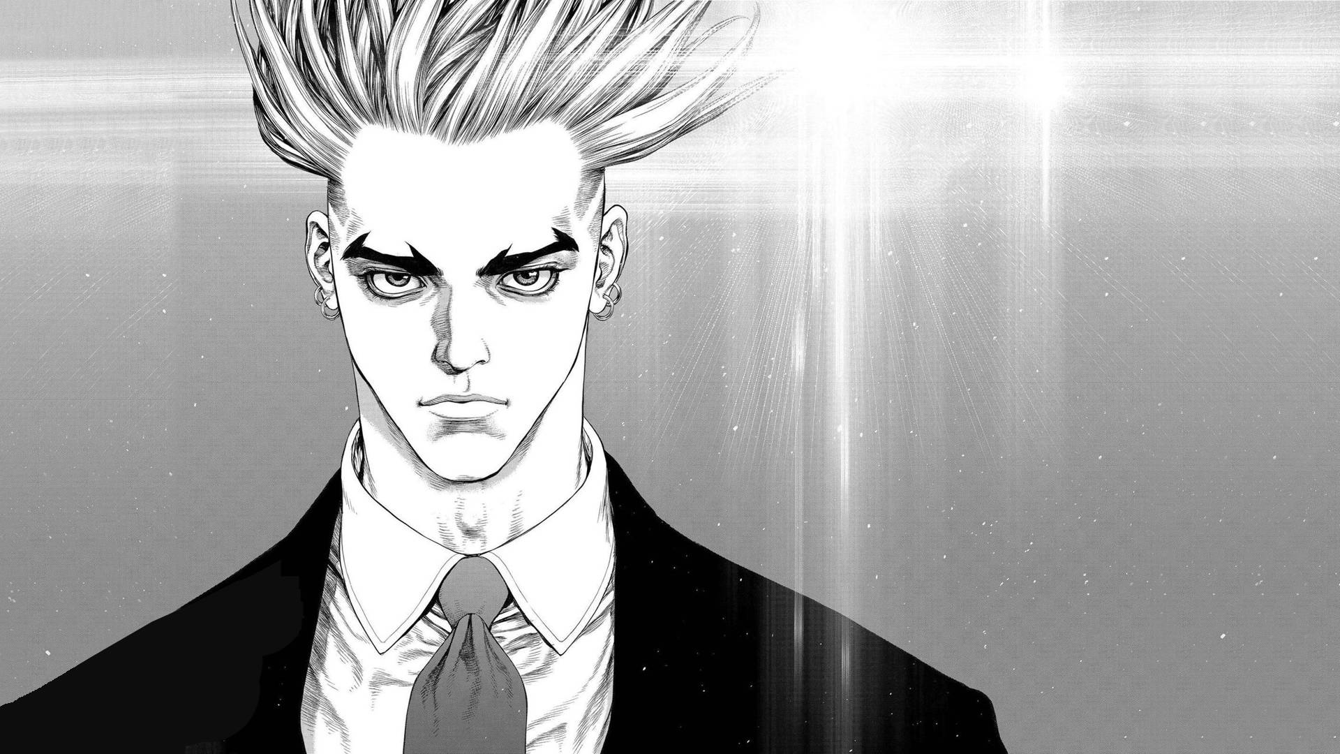 Black And White Anime Boy, spiky hair, sharp eyes, Full HD Desktop Wallpaper