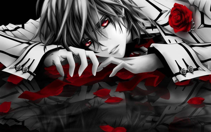 black and white demon boy anime, red eyes, silver hair, SD Desktop Wallpaper