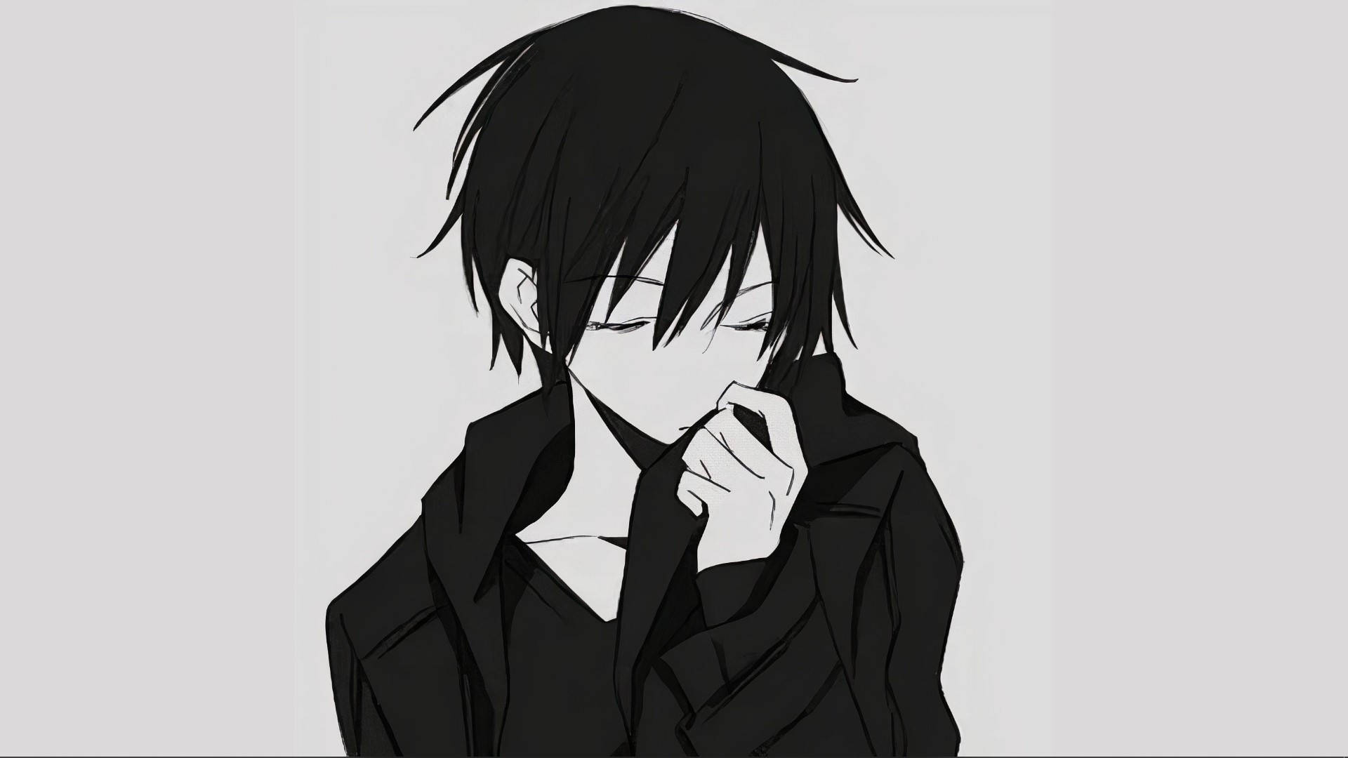 Black And White Anime Boy, messy black hair, closed eyes, Full HD Desktop Wallpaper