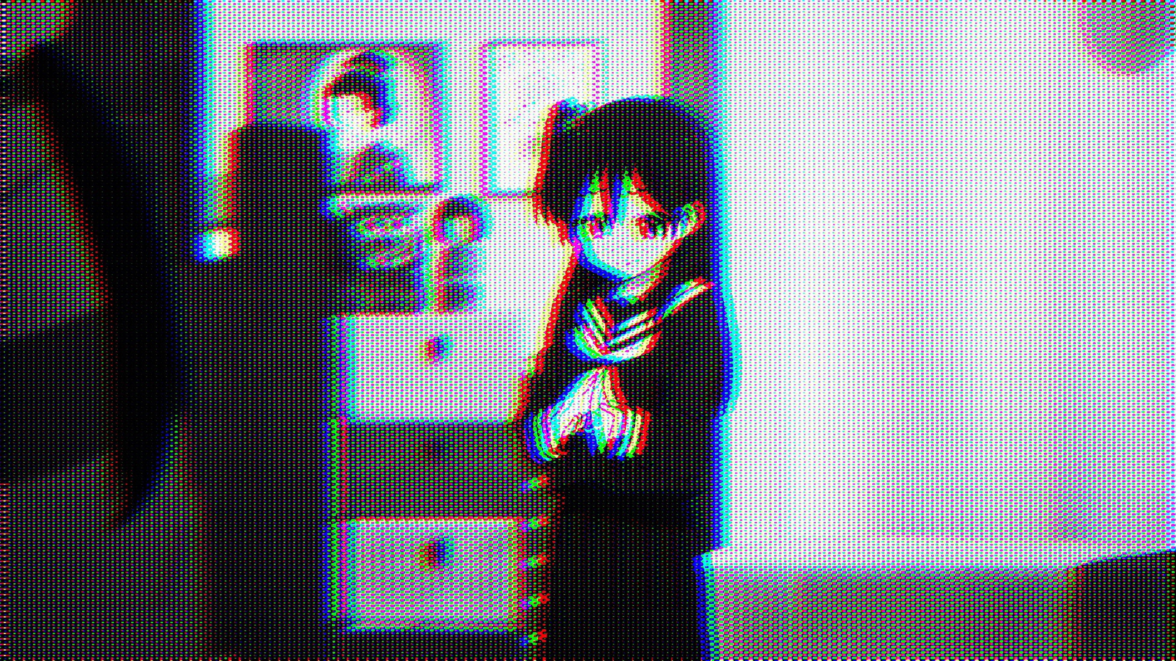glitched anime girl, school uniform, dim room, 4K Desktop Wallpaper