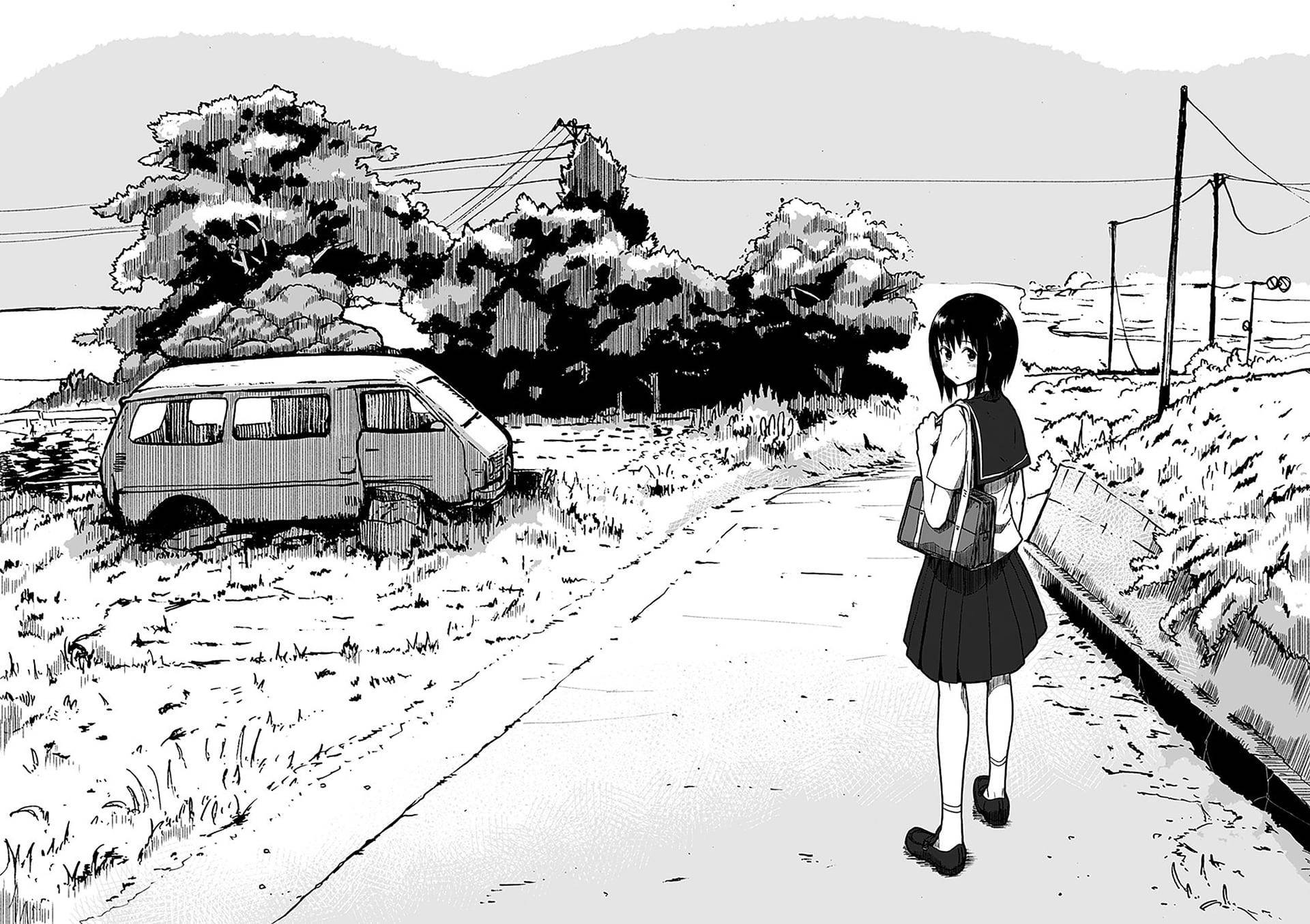 anime girl, school uniform, rural road, Full HD Desktop Wallpaper