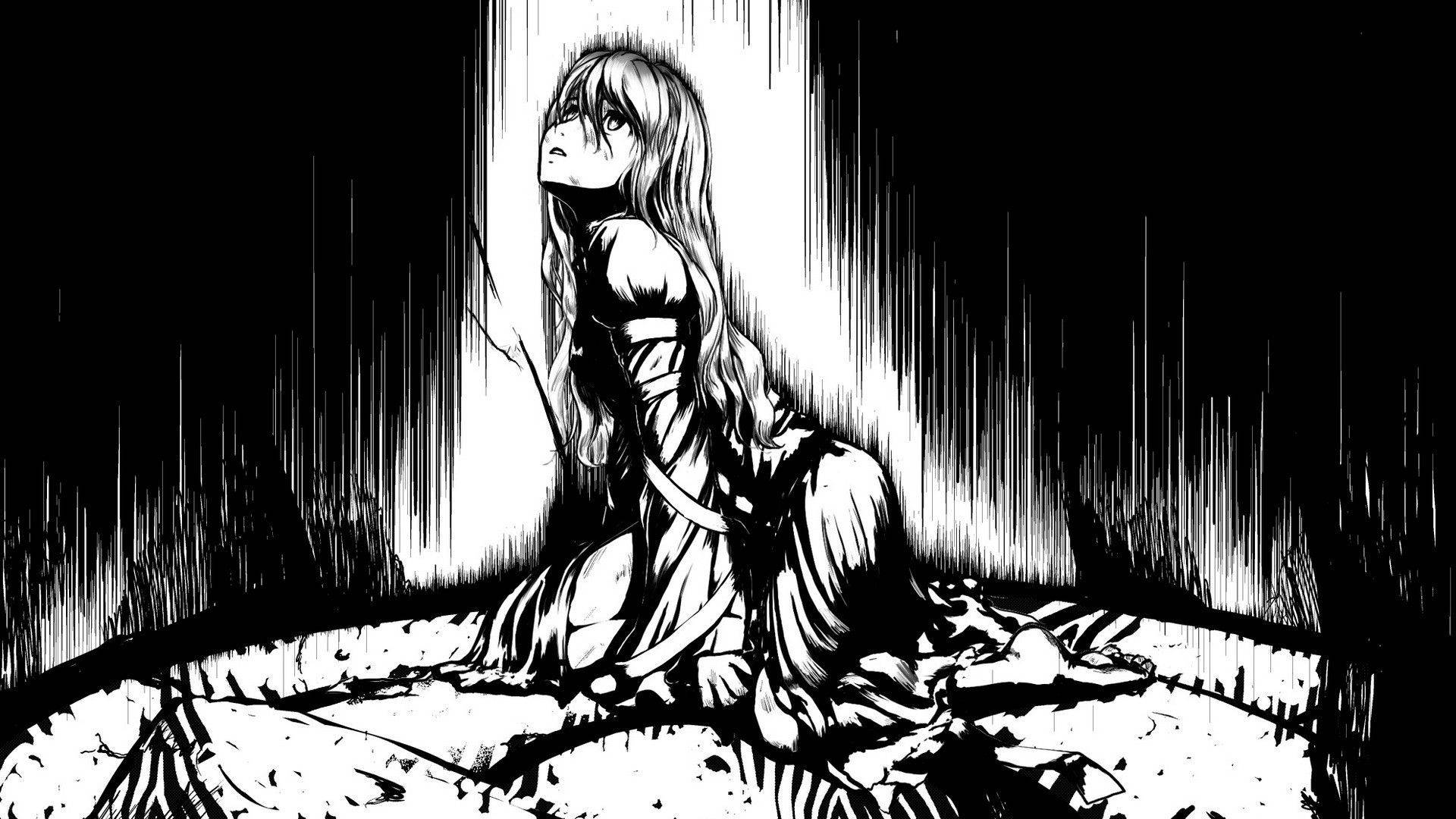 anime girl, black and white aesthetic, vertical beam of light, Full HD Desktop Wallpaper