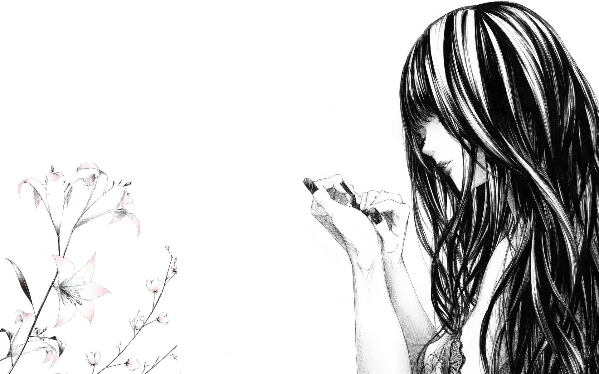 subtly sad anime girl, black and white illustrated girl, long hair, Full HD Desktop Wallpaper