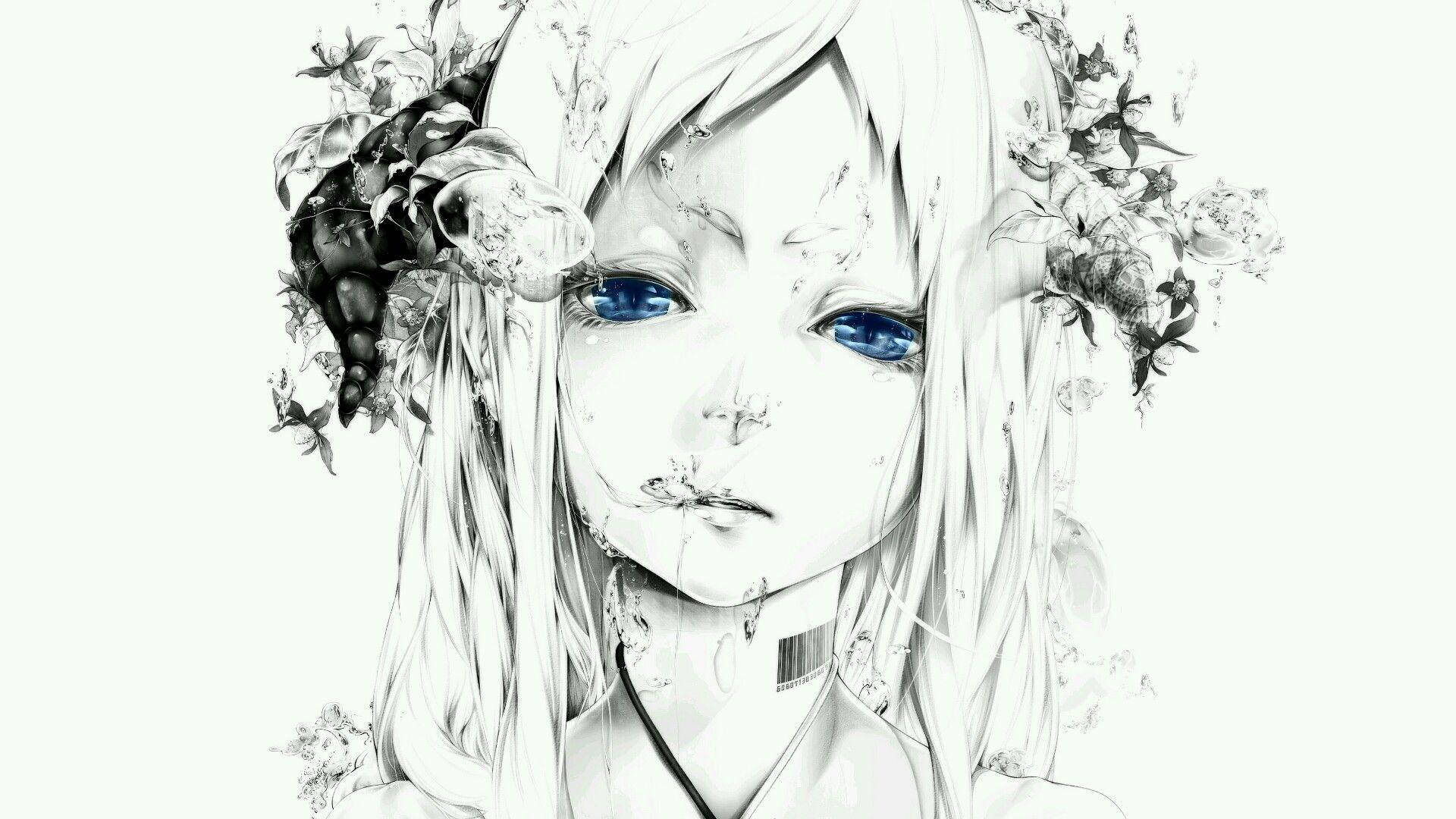 Black And White Anime, blue eyes, anime girl, Full HD Desktop Wallpaper