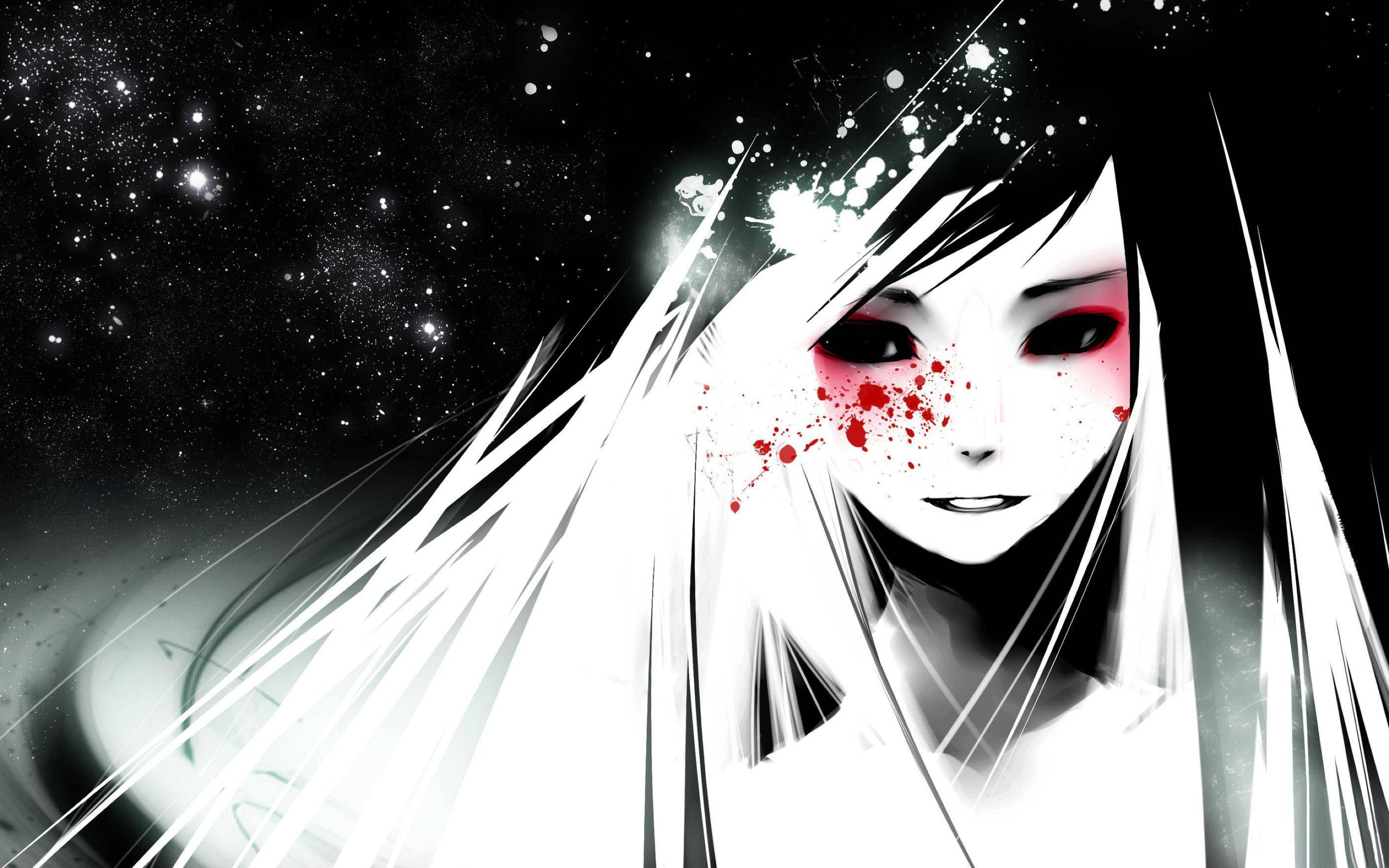 Black And White Anime, red eye make-up, white hair, 2K Desktop Wallpaper