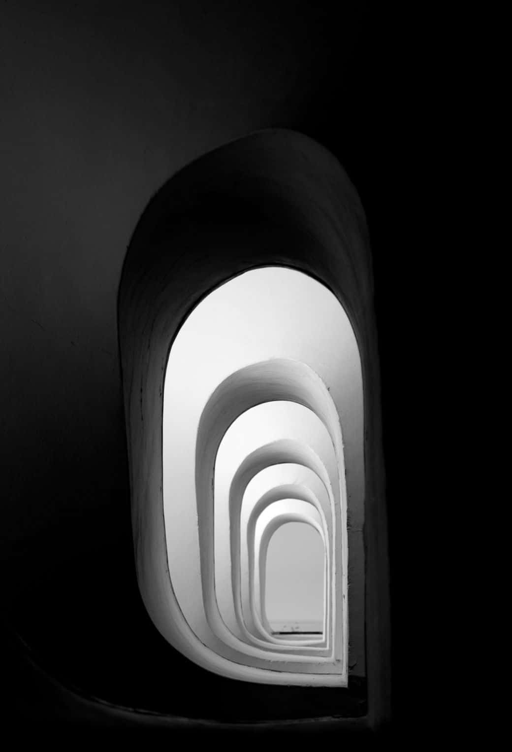 black and white architecture, nested arched doorways, tunnel of light, HD Phone Wallpaper