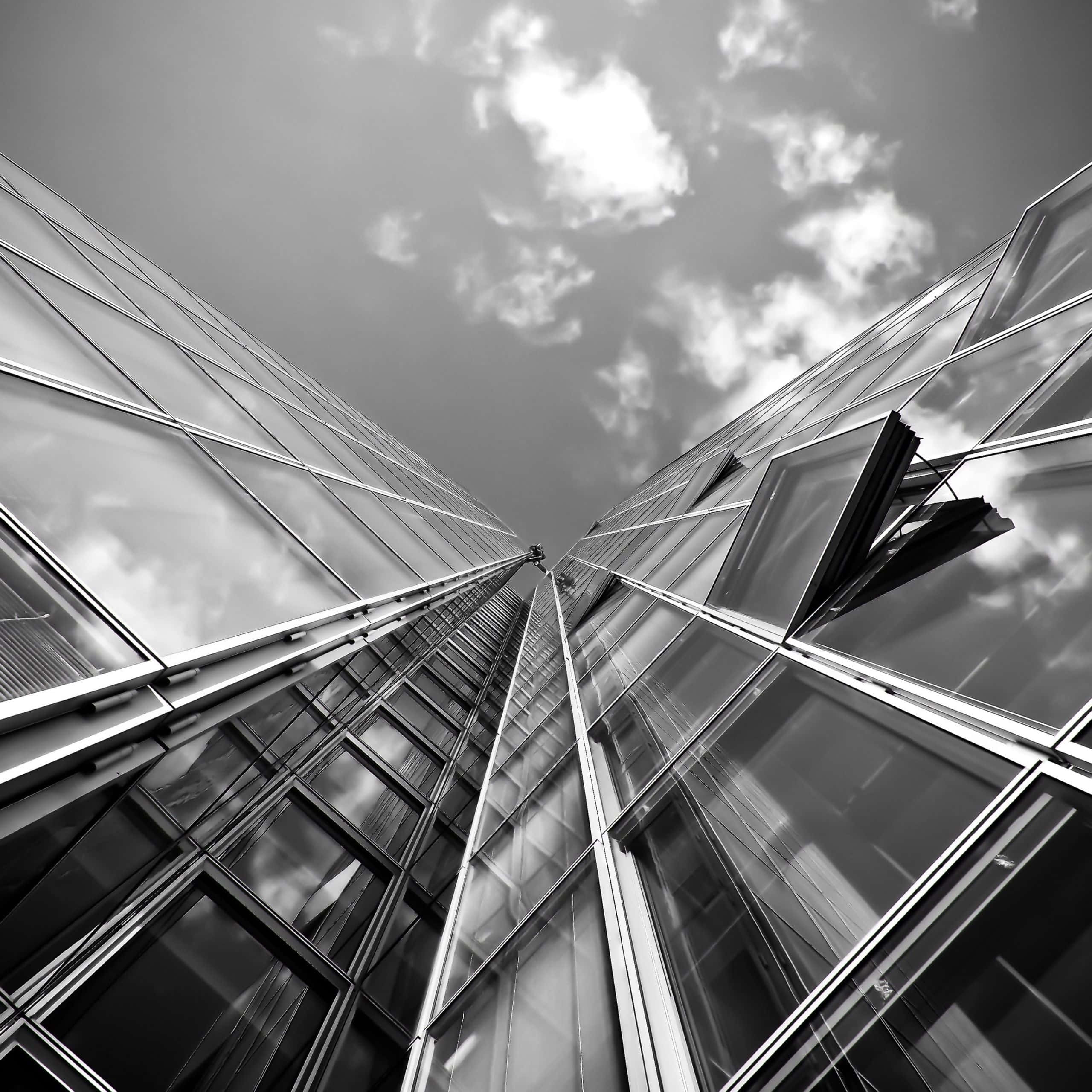 black and white architecture, glass skyscrapers, low-angle shot, 2K Desktop Wallpaper
